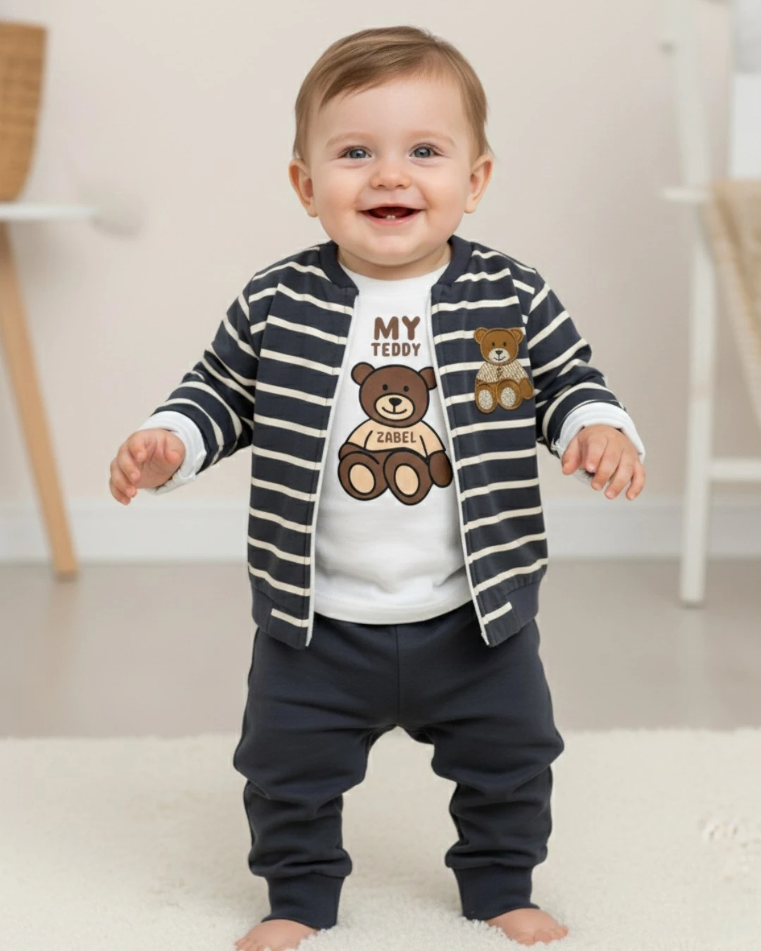Erkek Bebek Çizgili Ceketli, 3'lü Mevsimlik Şık Alt Üst Takım, 6-9-12-18-24 Aylık 3'lü Bebek Takımı R2395 - FÜME