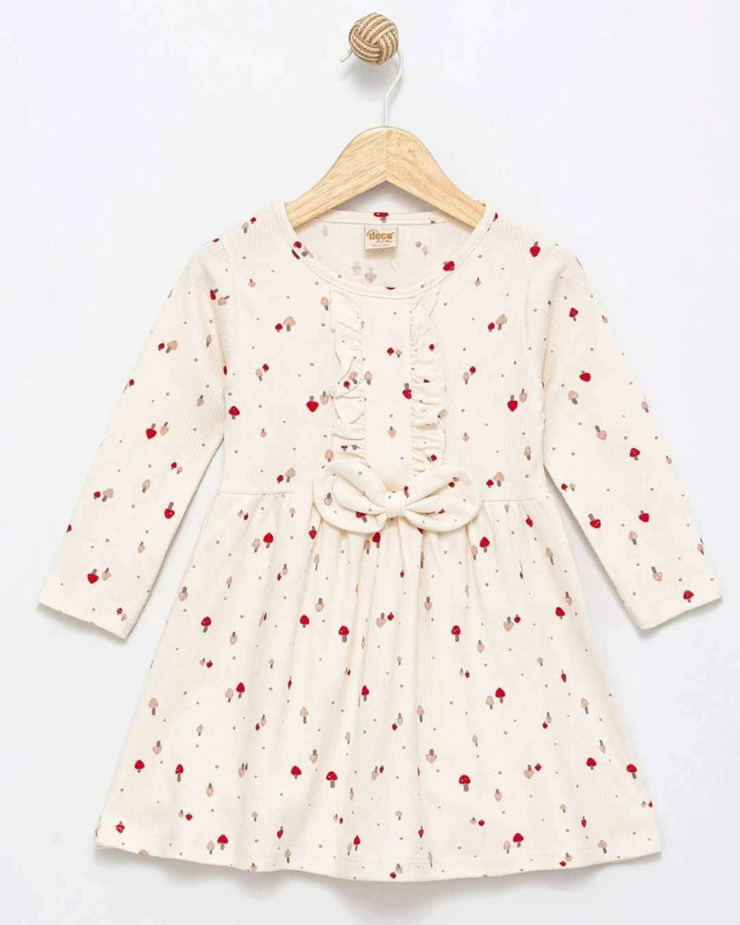 Kız Çocuk Ekru Mantar Desenli Fırfırlı Elbise, Mevsimlik 2-3-4-5-6 Yaş Elbise | Pamuklu & Rahat l R2