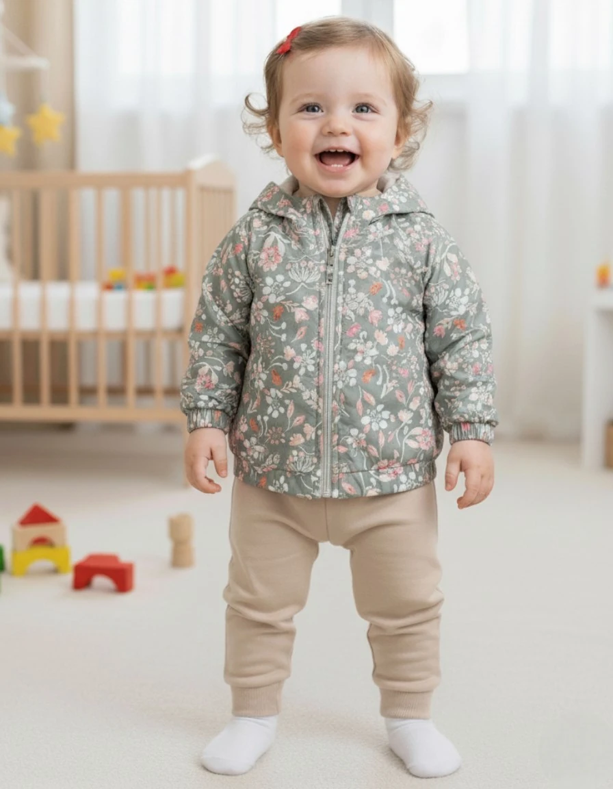 Kız Bebek Yağmurluklu Kapüşonlu, 3 Parça Mevsimlik Alt Üst Takım l 3-6-9-12-18 Ay R2233 - SU YEŞİLİ