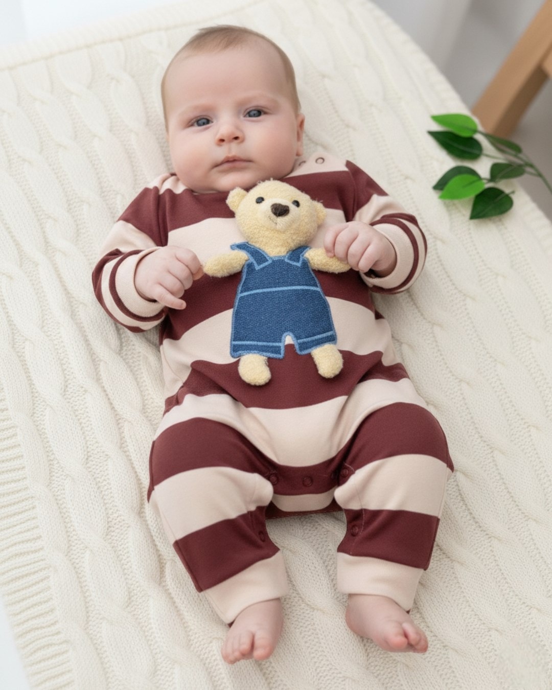 Ayıcık Aksesuarlı Çizgili Alttan Çıtçıtlı 3-12 Ay Bebek Tulumu %100 PAMUK R2021