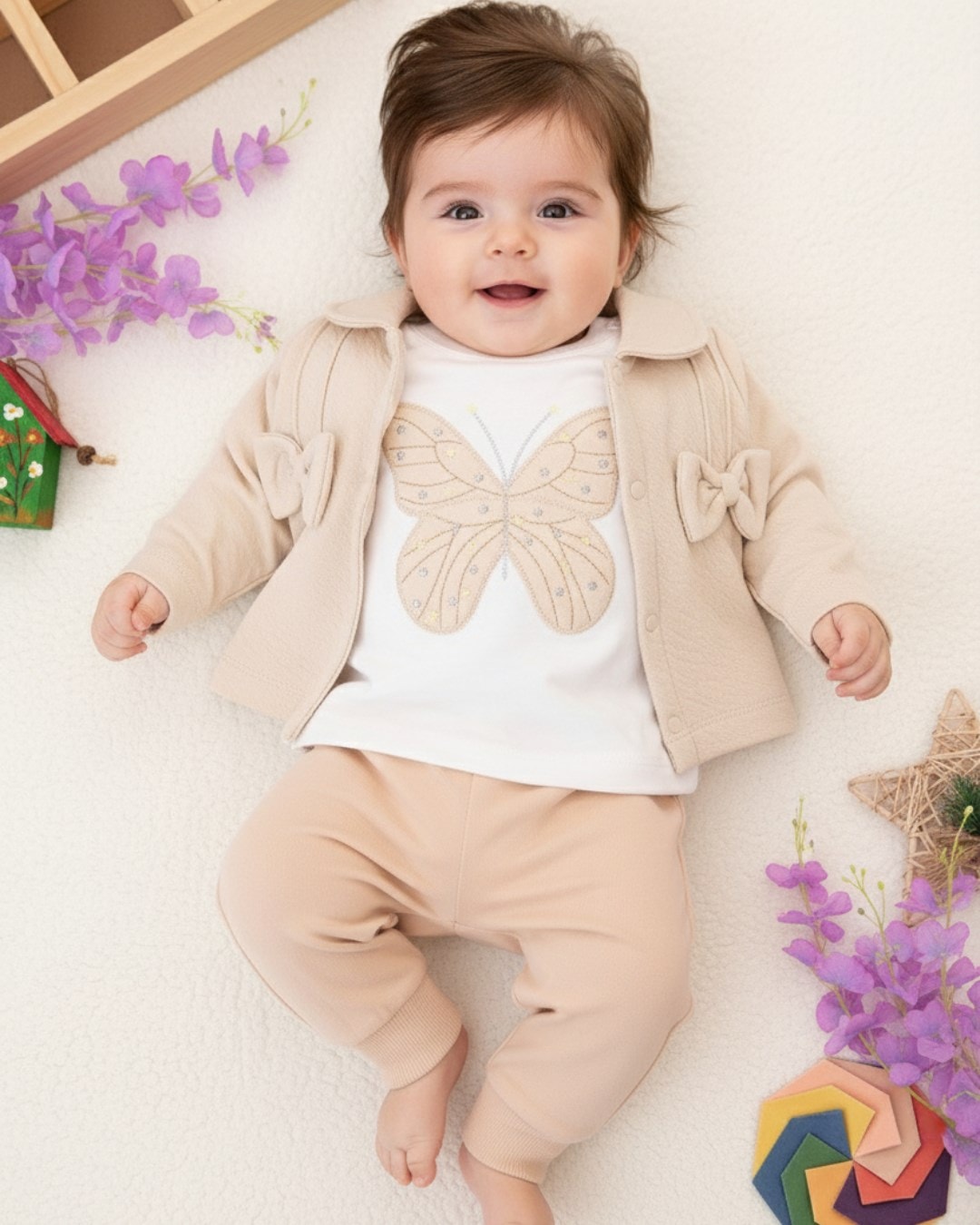 Kız Bebek Fiyonk Detaylı Ceketli 3 Parça Mevsimlik Şık Alt Üst Takım 0-12 Ay  R2219 - BEJ