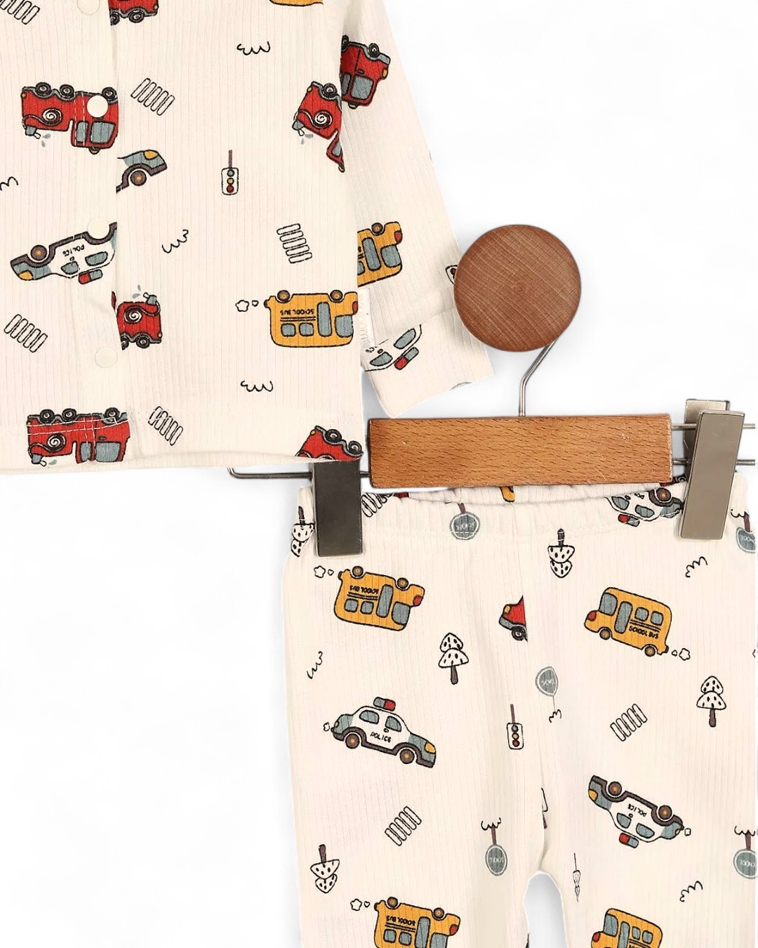 Erkek Bebek Araba Baskılı İnce Fitilli Gecelik Pijama Takımı Çıtçıtlı  Alt Üst Takım  R1474