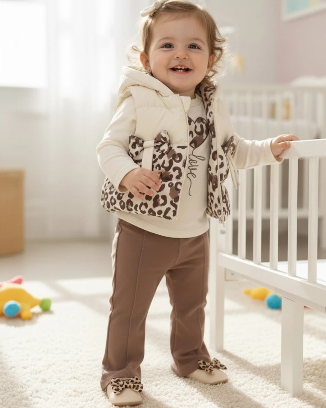 Kız Bebek Leopar Desenli Şişme Yelekli, İspanyol Paça Taytlı Mevsimlik 3'lü Şık Kombin l Takım R2372