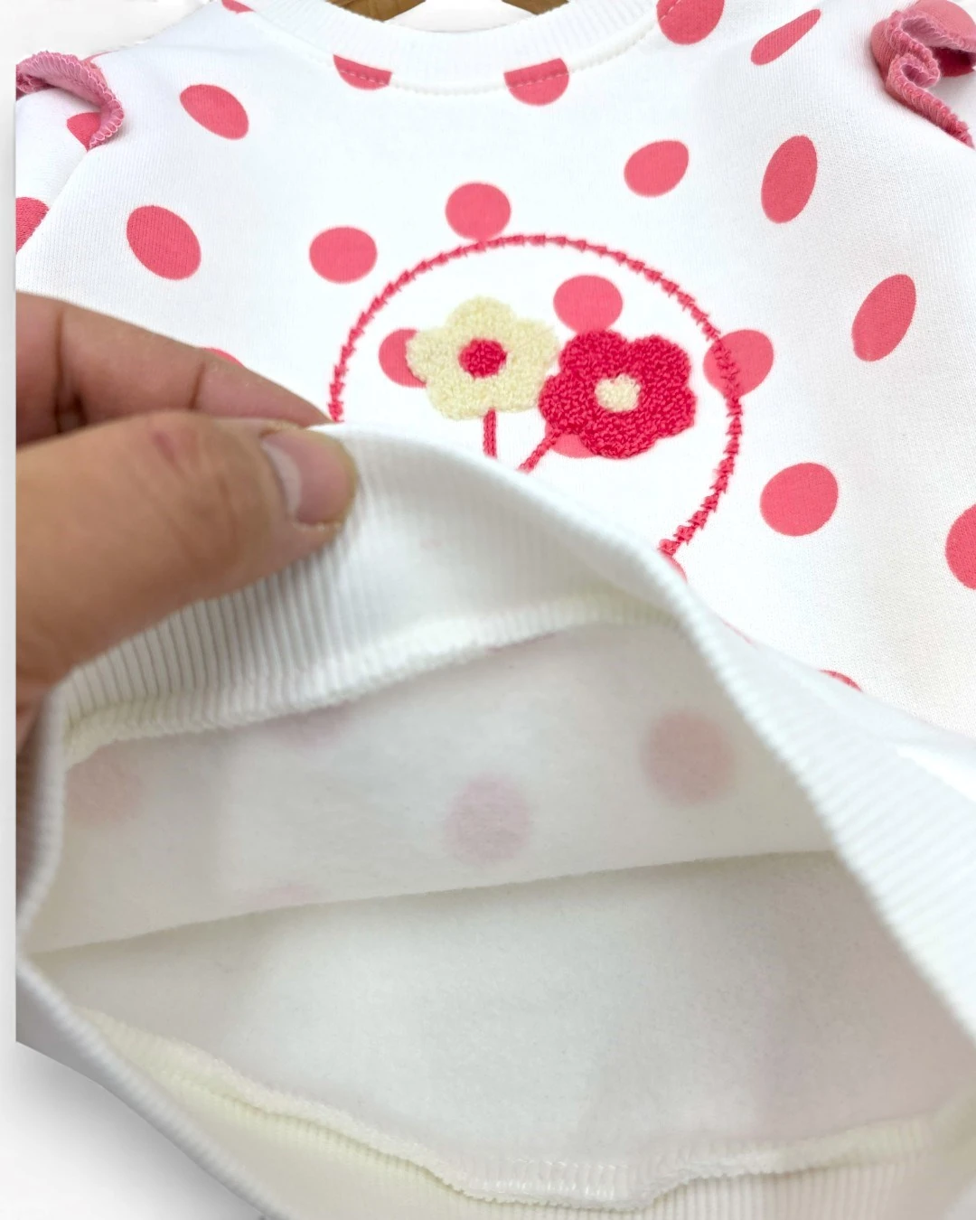 Kız Bebek Puantiyeli Nakışlı, Kışlık 3 İp Şardonlu 6-9-12-18-24 Aylık Alt Üst Bebek Takımı R2392