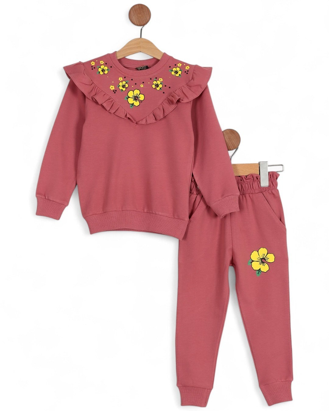 Kız Çocuk Çiçek Baskılı 6-7-8-9-10 Yaş Alt Üst Eşofman Takımı / Eşofman Altlı ve Sweatshirt R2142 - GÜL KURUSU