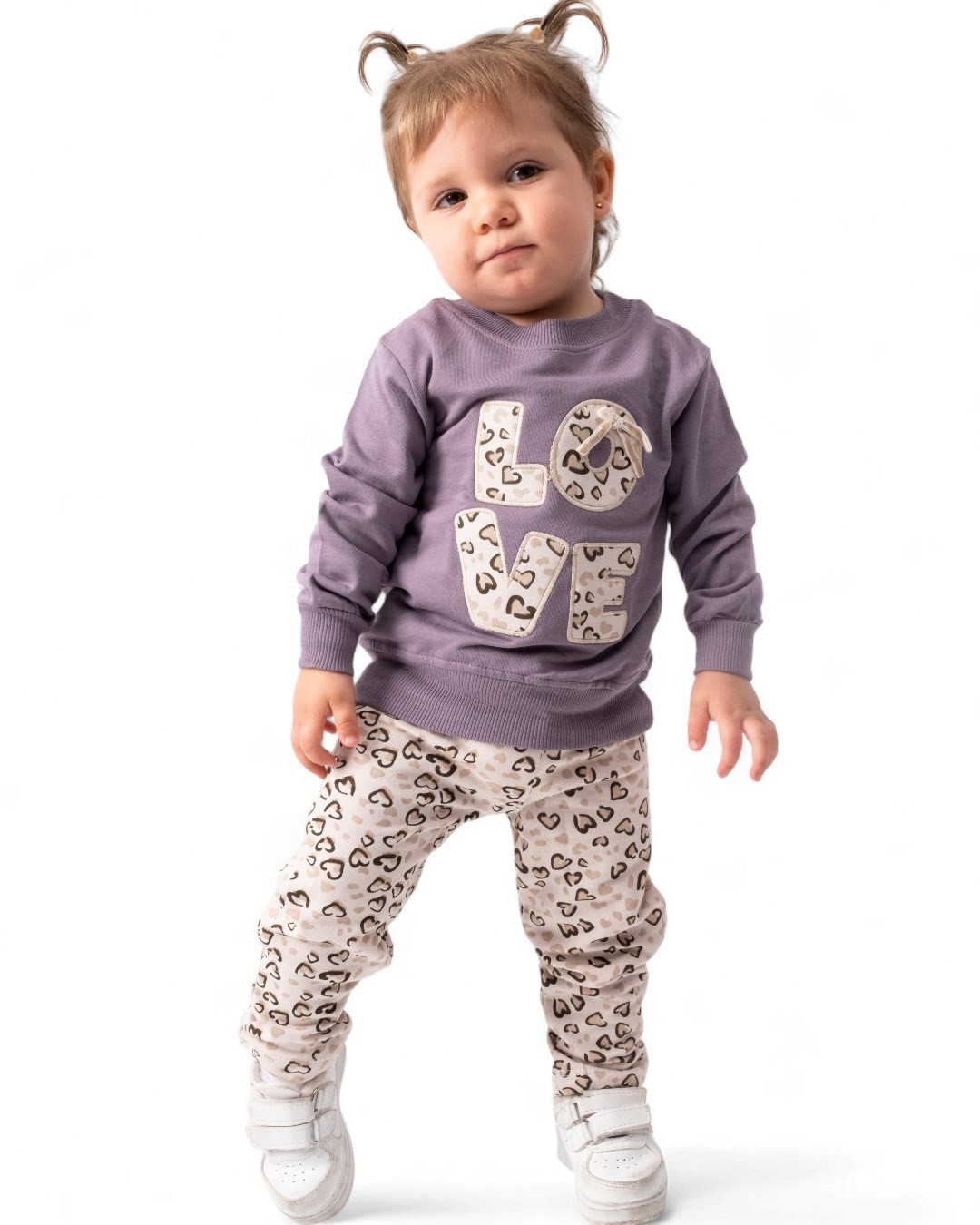 Kız Bebek Love Nakışlı Uzun Kollu Takım - Kalpli Taytlı 2'li Mevsimlik Set (6-24 Ay) R1915 - MOR