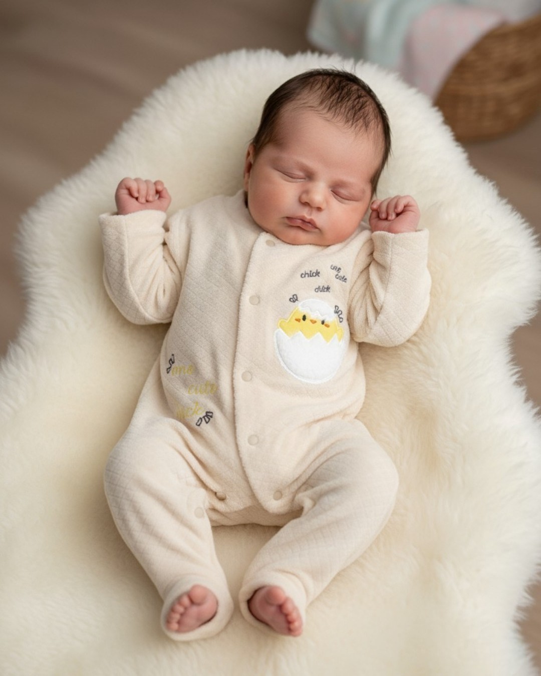 Bebek Kışlık Civciv Desenli %100 Pamuklu 0-1-3-6 Ay Kadife Çıtçıtlı Tulum R2162