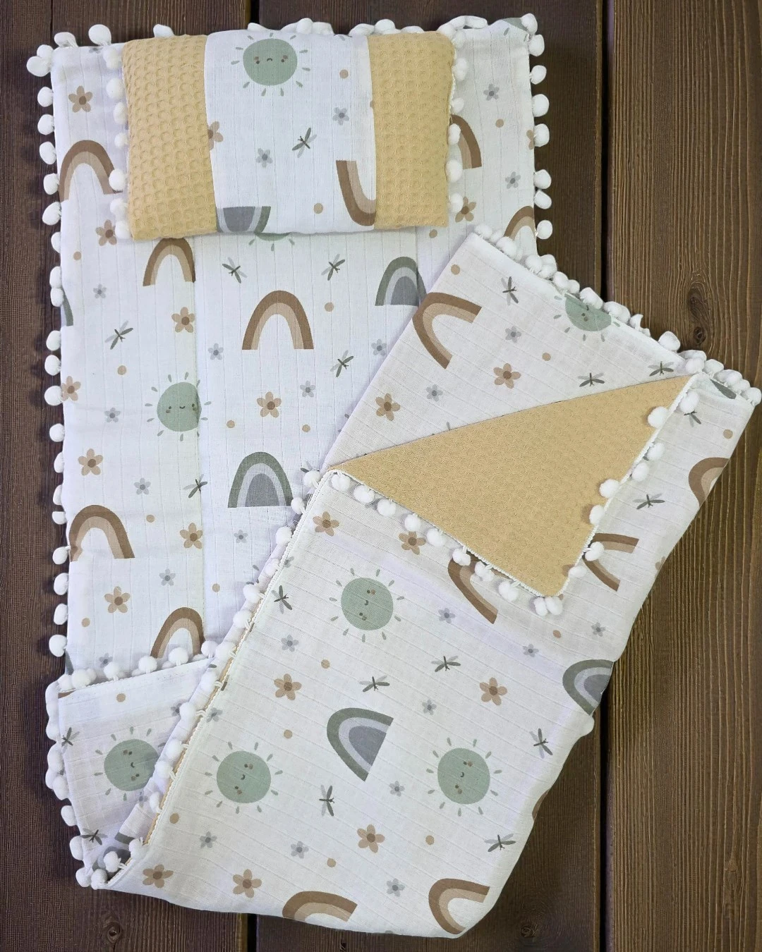 Battaniyeli, Yastıklı 3'lü Alt Açma Minderi Seti, Müslin Desenli Alt Açma R2367 - MODEL 3