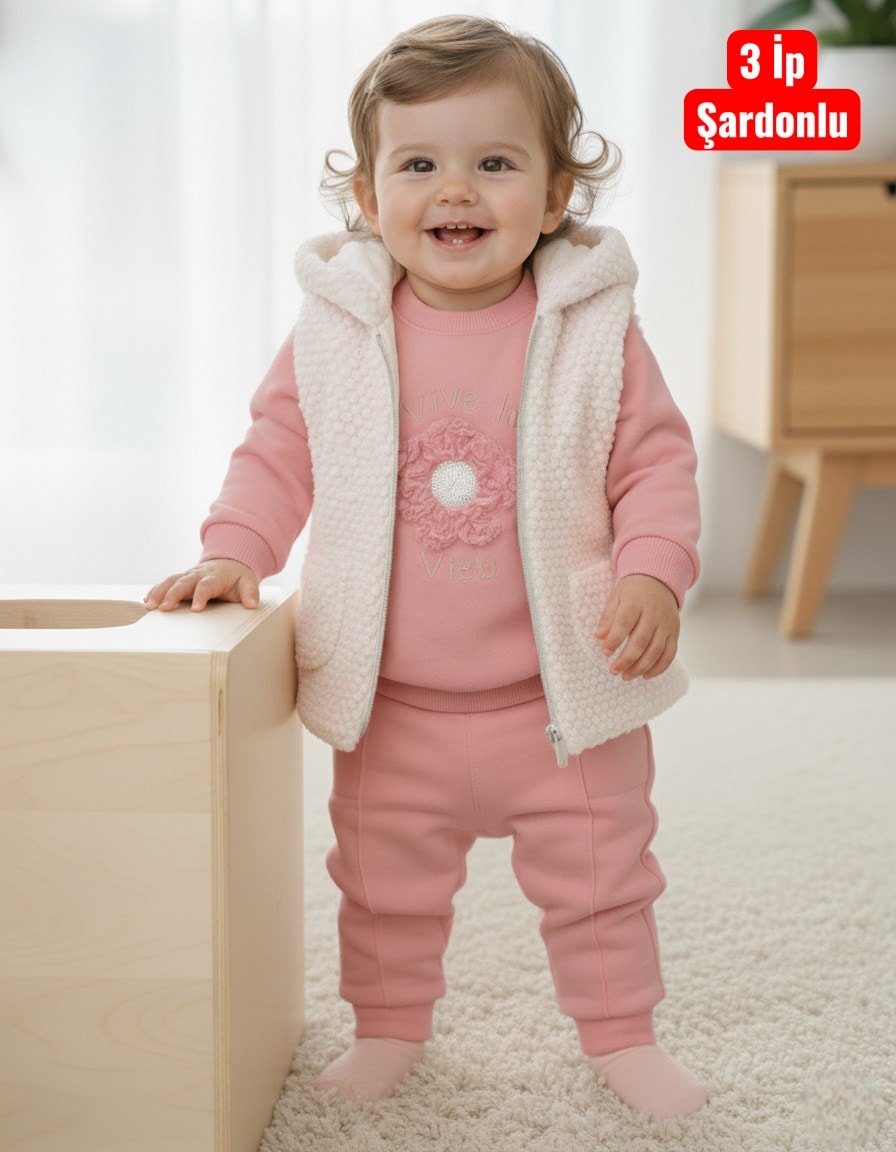 Kız Bebek Kışlık 3 İp Şardonlu Kalın Yelekli 6-9-12-18 Aylık 3 Parça Alt Üst Takım R2315 - GÜL KURUSU