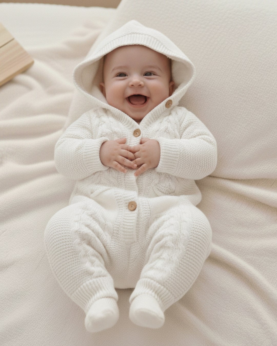 Kışlık Triko Bebek Tulumu, İçi Welsoftlu Düğmeli, Kapüşonlu 3-6-9-12 Aylık Kalın Peluş Tulum R2200 - EKRU