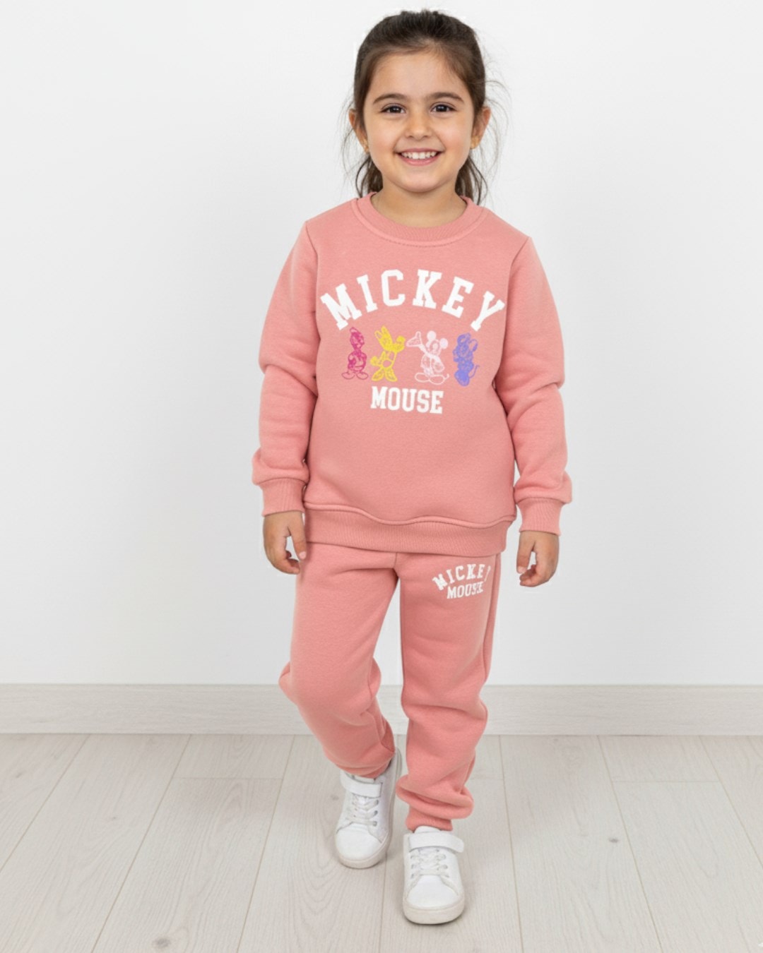 Kız Çocuk Kışlık 3 İp Şardonlu 2-3-4-5-6 Yaş Mickey Baskılı  Alt Üst Eşofman Takımı R2287 - PEMBE