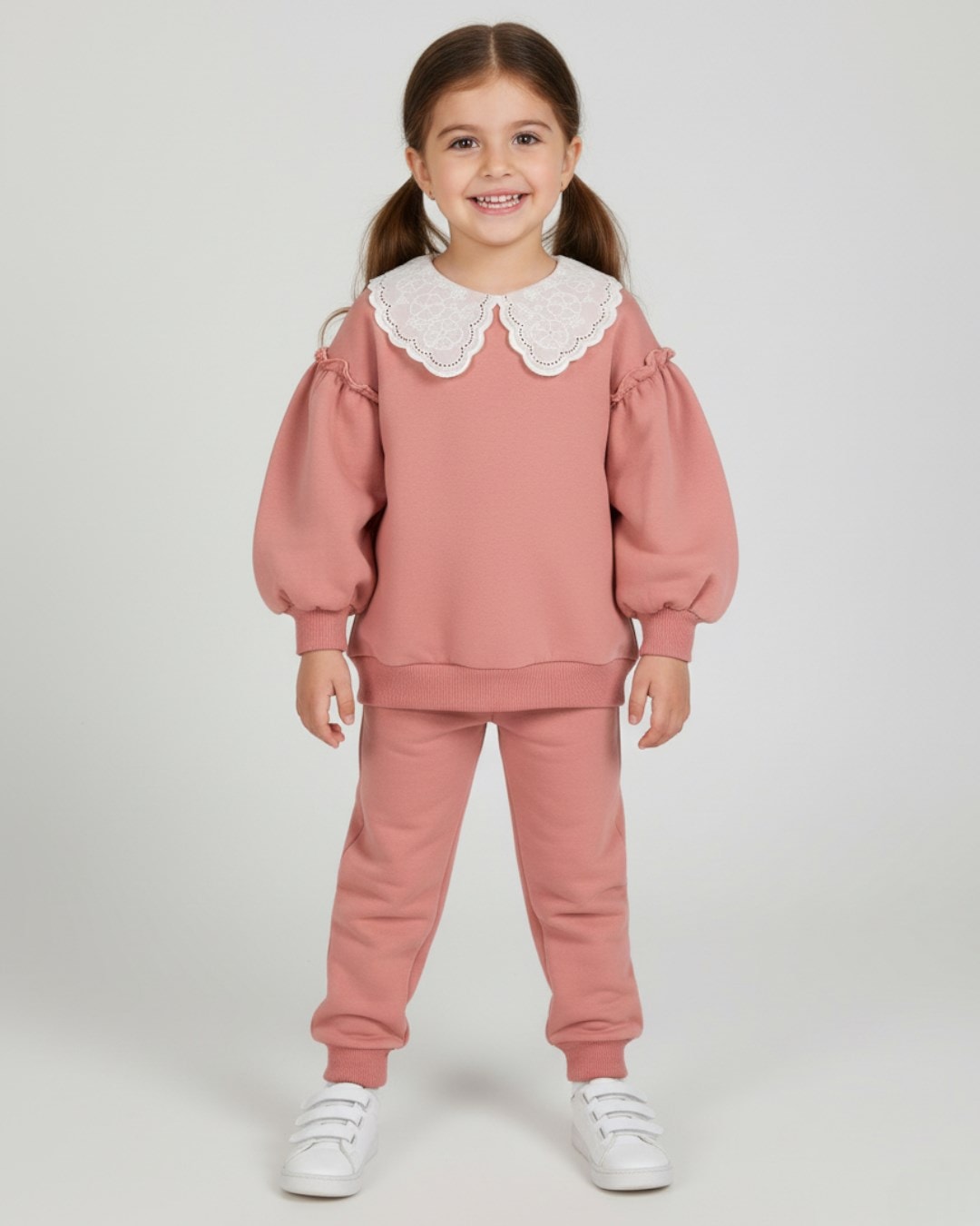 Kız Çocuk Basic Mevsimlik Brode Dantel Yakalı, %100 Pamuklu Kolu Fırfırlı, Şık Eşofman Takımı  R556 - MERCAN