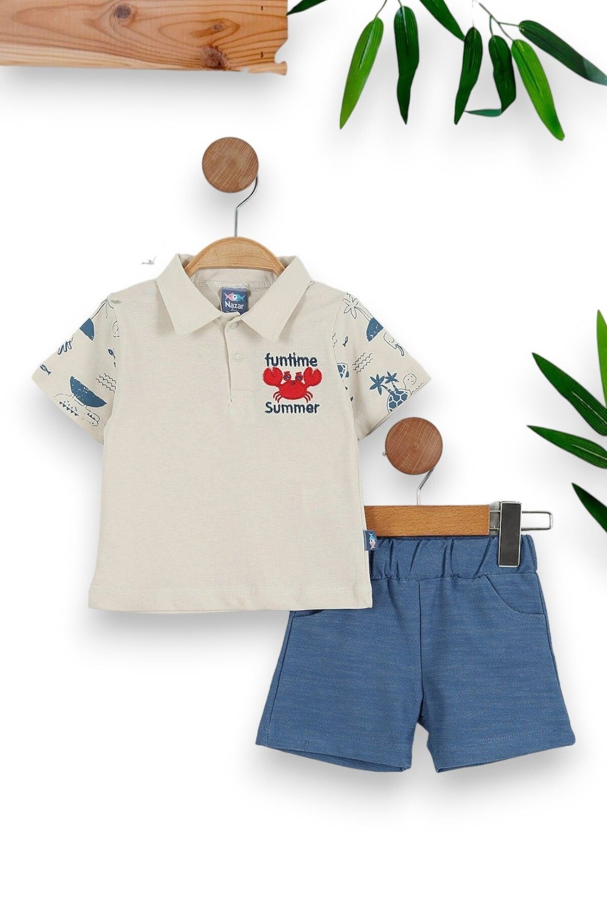 ERKEK BEBEK YAZLIK POLO YAKALI YENGEÇ NAKIŞLI DOKUMA ŞORTLU 6-24 BEBEK TAKIMI R902 - KREM