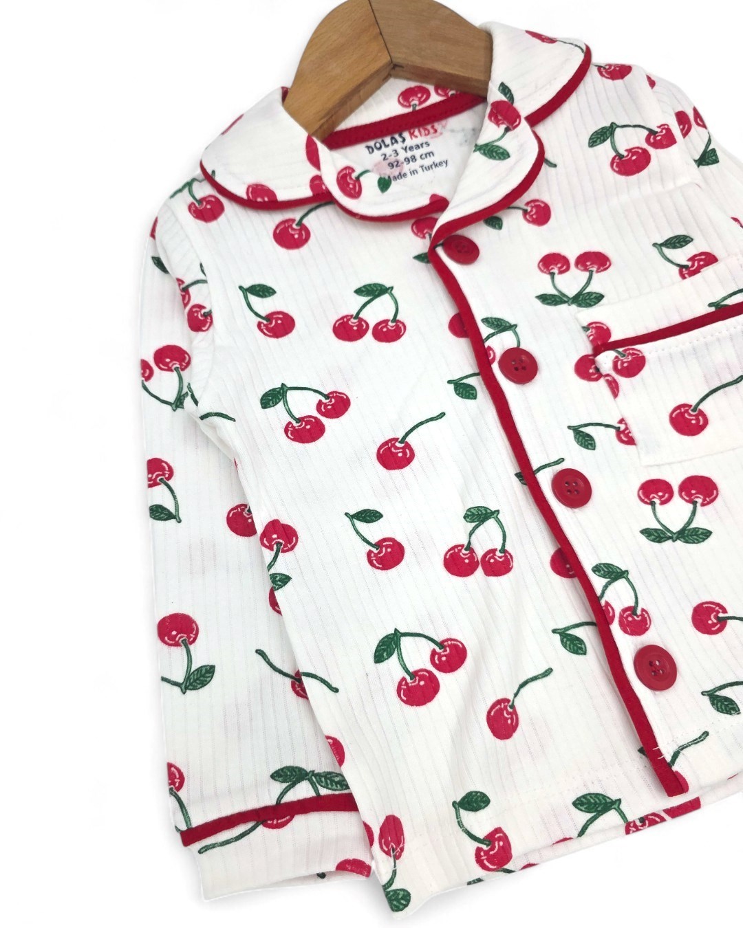 Kız Çocuk Kiraz Baskılı Kruvaze Yakalı, Fitilli Mevsimlik Gecelik Pijama Takımı 2-6 Yaş R2187