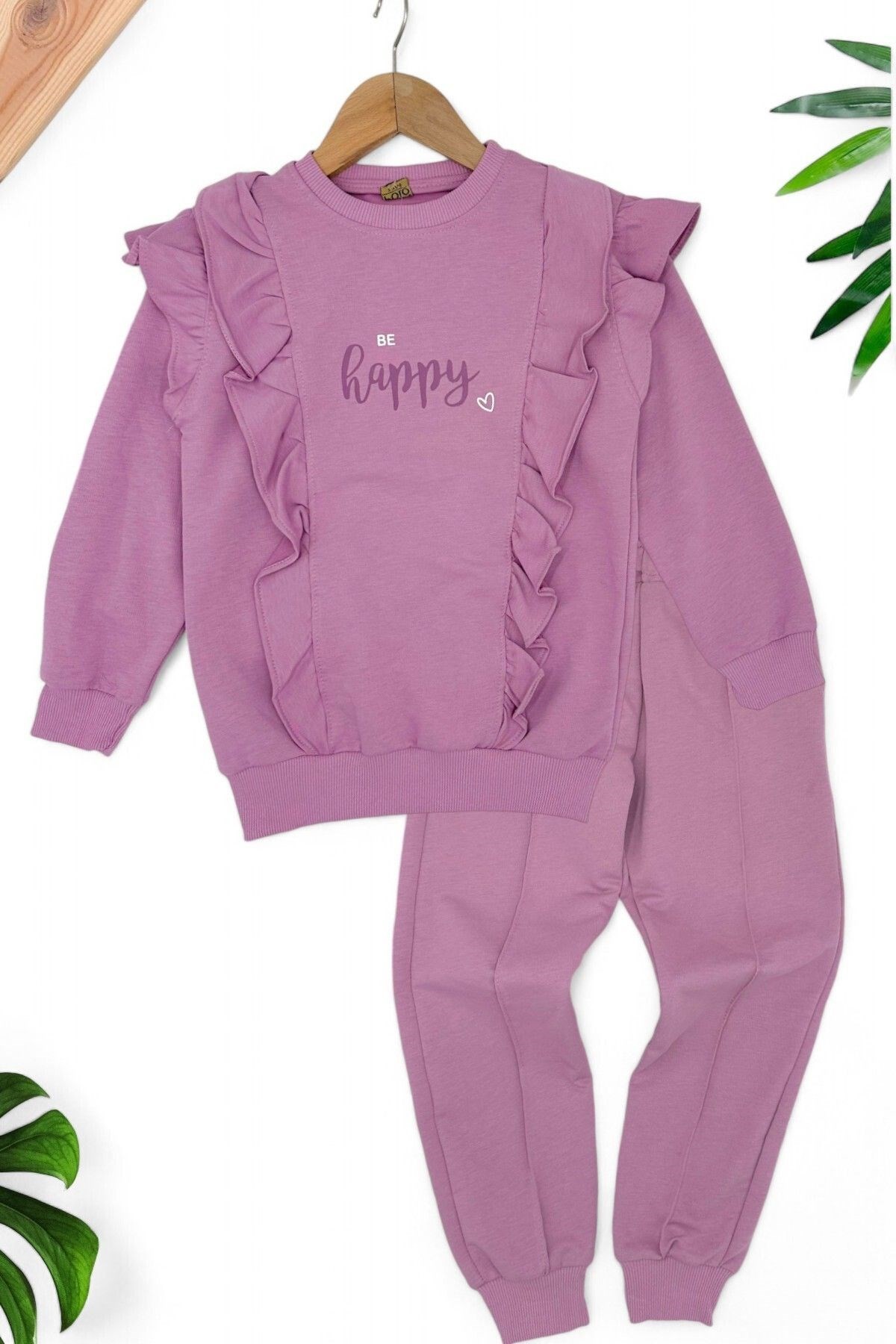 KIZ ÇOCUK BE HAPPY BASKILI 6-14 YAŞ FIRFIR DETAYLI MEVSİMLİK 2 İP ŞARDONSUZ EŞOFMAN TAKIMI R1252 - MÜRDÜM