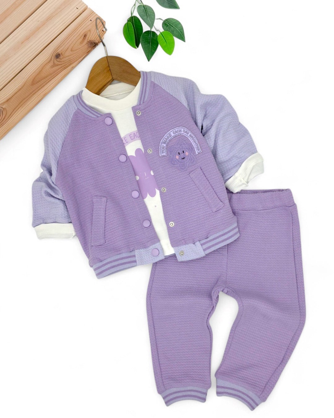 Kız Bebek 1-2-3 Yaş Kolej Ceketli Mevsimlik %100 Pamuklu 3 Parça Şık Bebek Takımı R2034 - LİLA