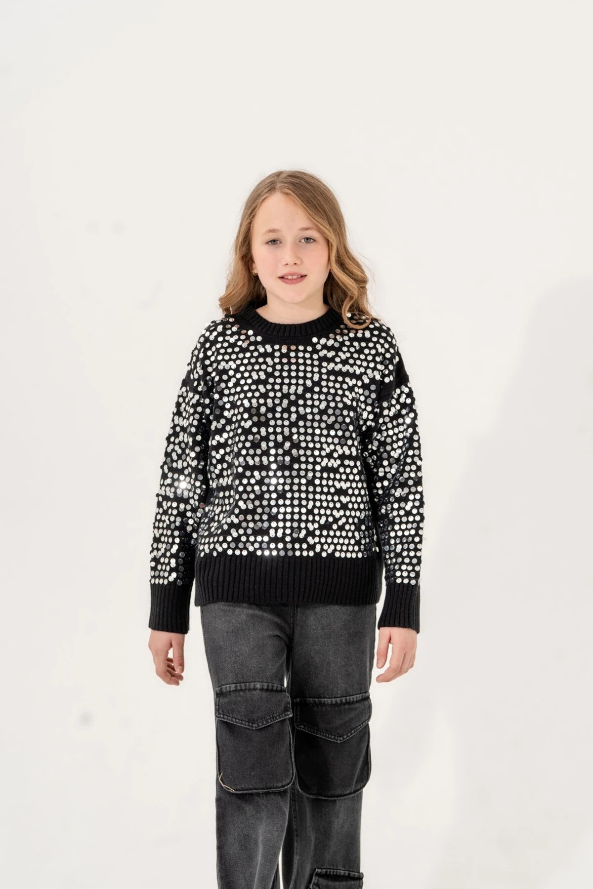 Kız Çocuk 9-15 Yaş Pullu Akrilik Kazak, Pullu Triko Çocuk Kazağı l 9-10-11-12-13-14-15 Yaş Kız Kazak - SİYAH