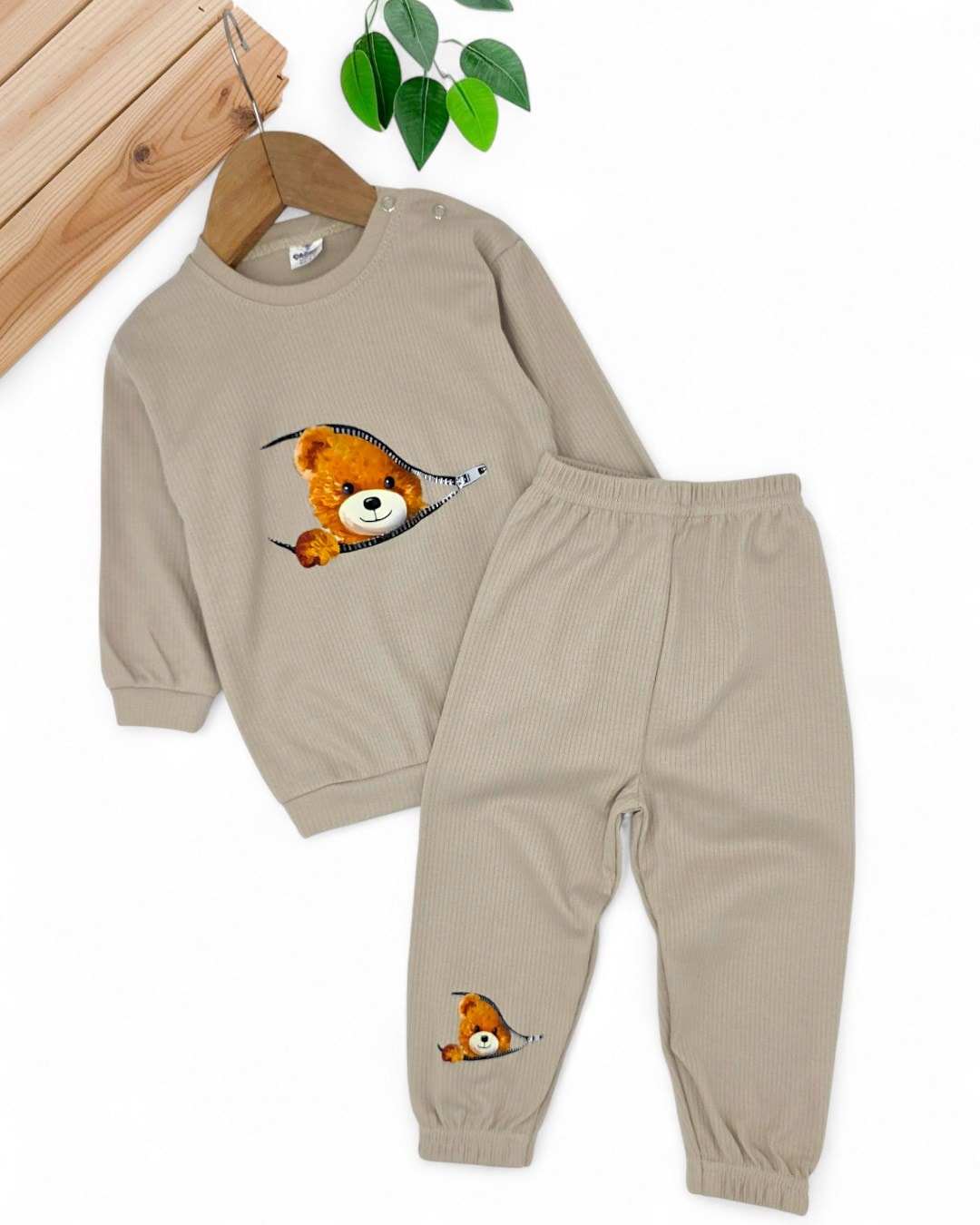 Ayıcıklı Fermuar Desenli Fitilli Pamuklu Erkek Bebek Takımı | Bebek Eşofman Pijama Alt Üst Takım R2208
