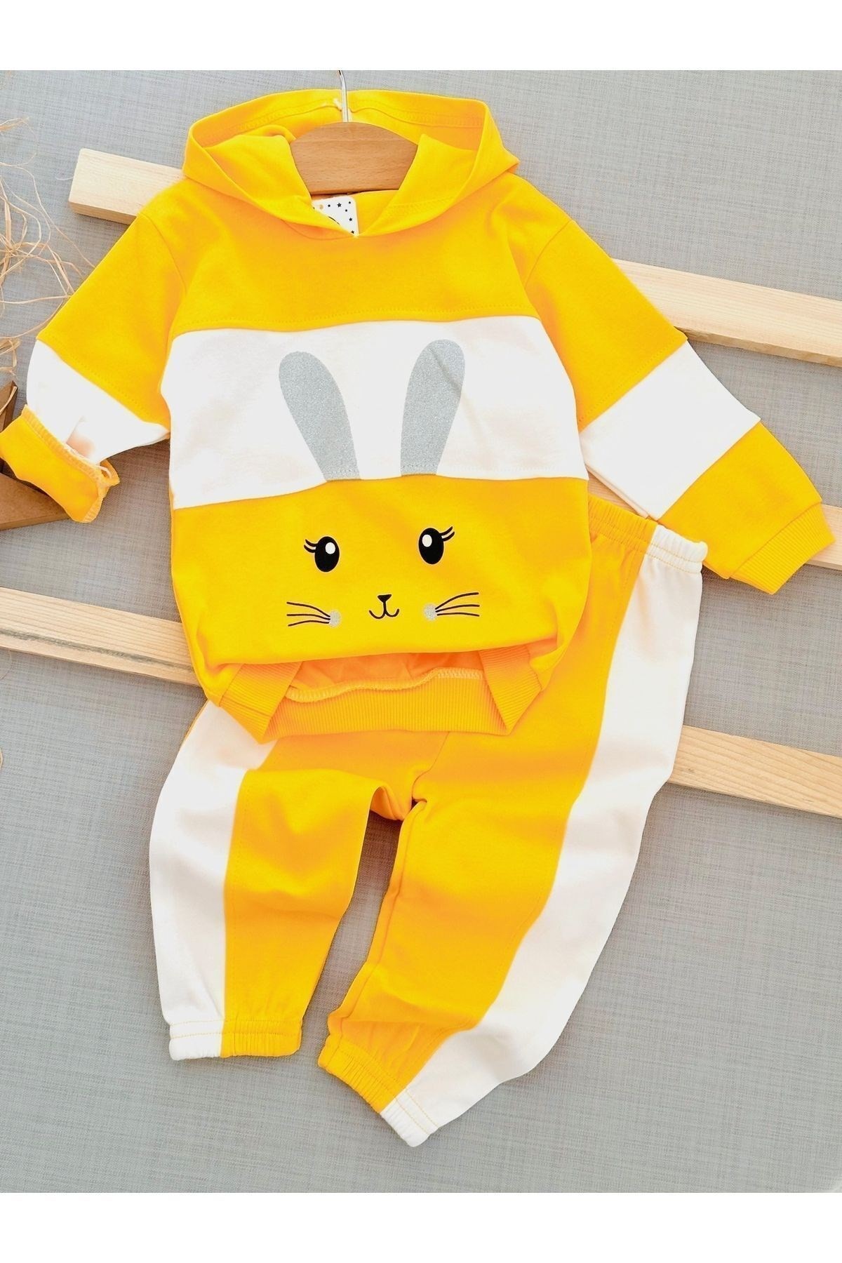 Kız Bebek Tavşan Baskılı Sweathirt Takımı / Alt Üst Takım R2223 - SARI
