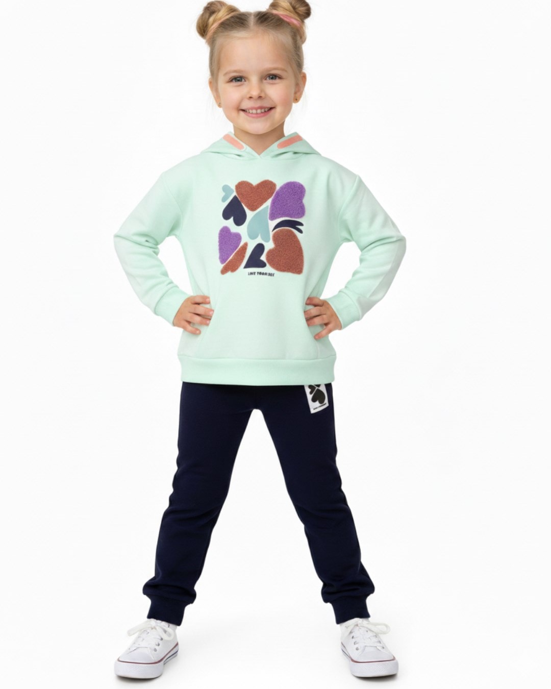 Kız Çocuk Kalp Baskılı, Kapüşonlu Sweatshirtlü Mevsimlik 2-3-4-5-6 Yaş Alt Üst Eşofman Takımı R2327 - MİNT YEŞİLİ