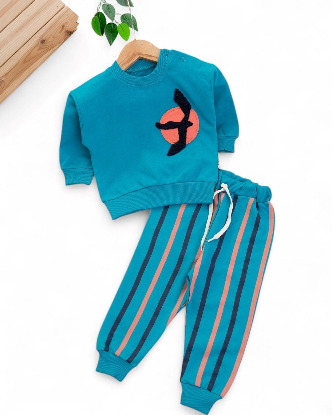 Erkek Bebek Mevsimlik Martı Nakışlı Sweatshirt, Çizgili Pantalonlu 2'lİ Alt Üst Takım R2096 - PETROL