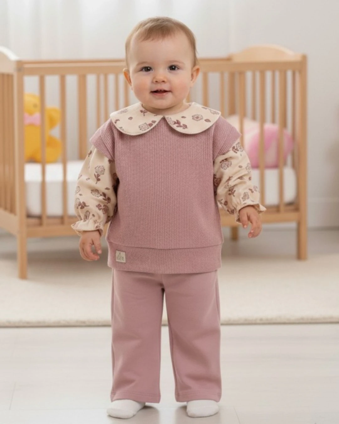 Kız Bebek Özel Tasarım Bebe Yakalı, Örme Triko 6-9-12-18-24 Ay Şık Bebek Takımı R2146 - GÜL KURUSU