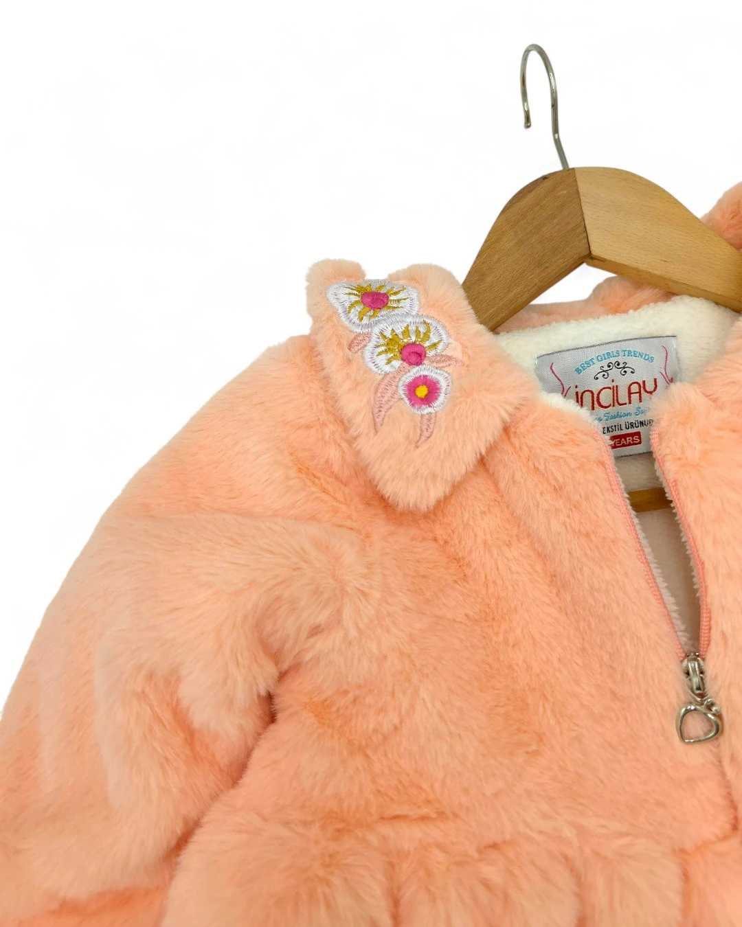 Kız Çocuk 2-3-4-5-6-7 Yaş Yakası Çiçek Nakışlı Peluş Mont R2243