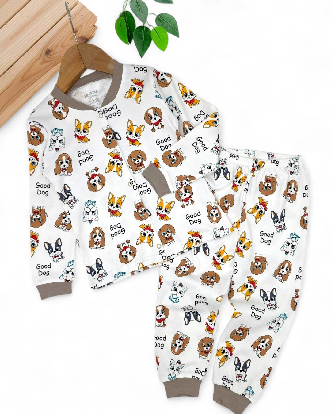Erkek Bebek Köpek Baskılı Mevsimlik %100 Pamuklu Çıtçıtlı Gecelik Pijama Takımı l 6-24 Ay R2252