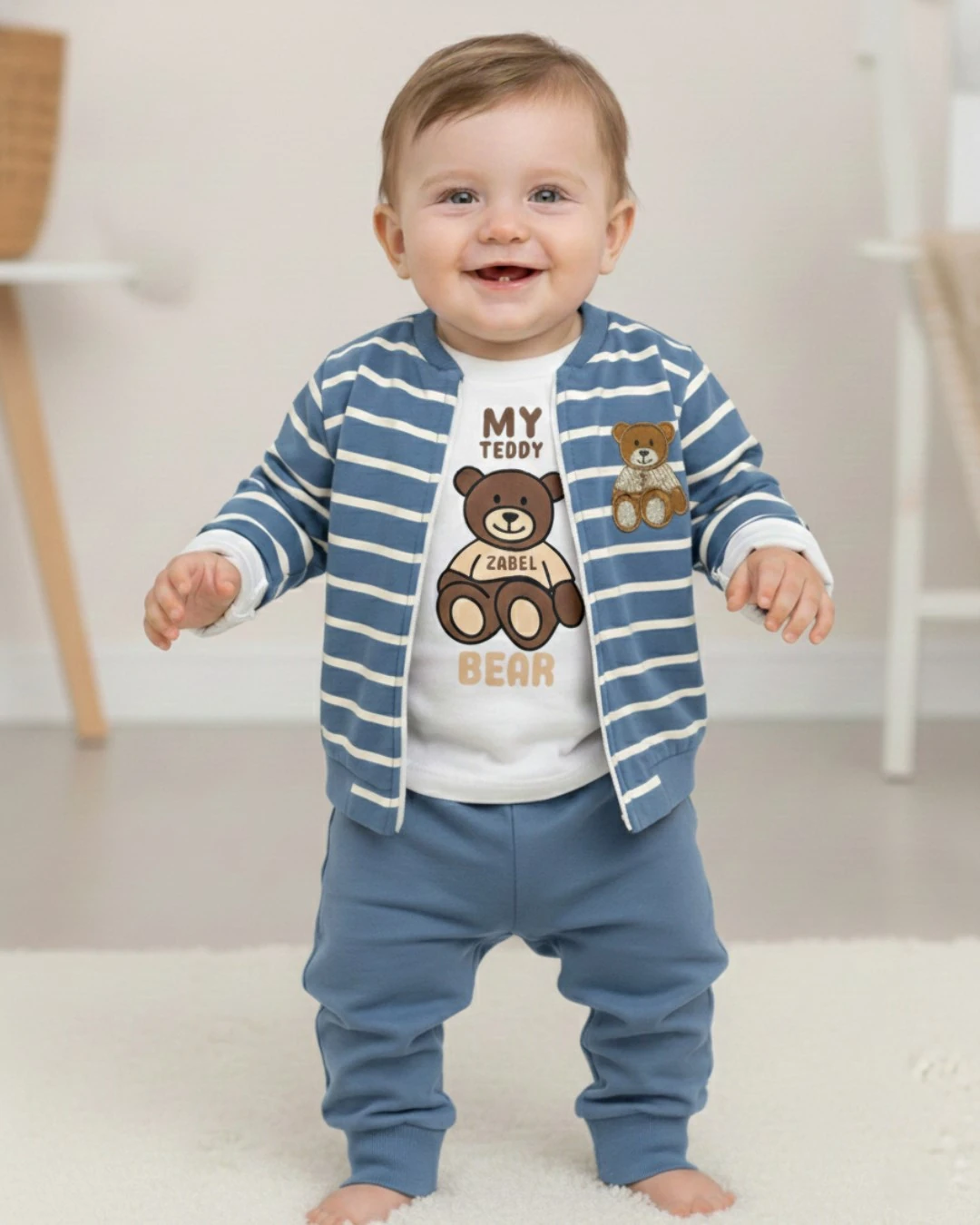 Erkek Bebek Çizgili Ceketli, 3'lü Mevsimlik Şık Alt Üst Takım, 6-9-12-18-24 Aylık 3'lü Bebek Takımı R2395 - MAVİ