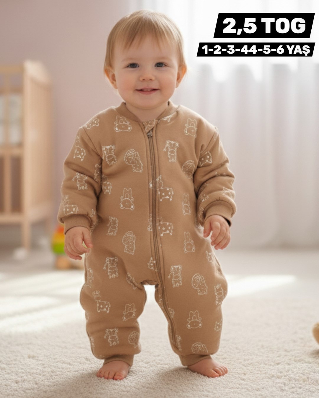 1-2-3-4-5-6 Yaş Ayıcık Desenli Fermuarlı Çocuk Uyku Tulumu, 2,5 TOG Elyaf Dolgulu R2269