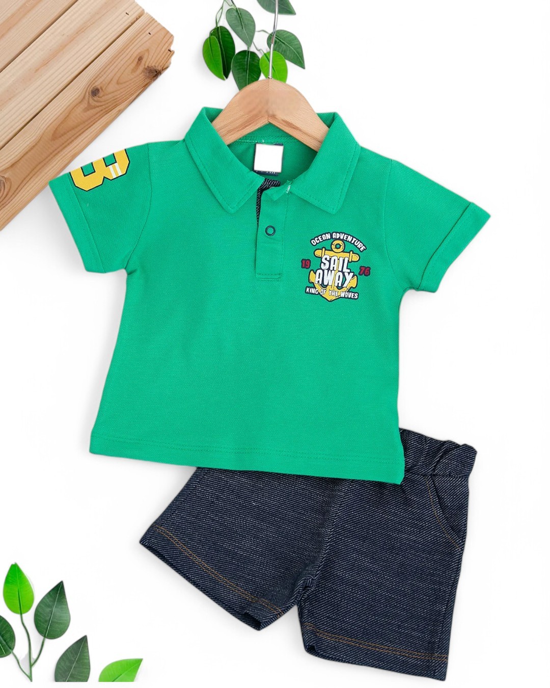 ERKEK BEBEK YAZLIK POLO YAKALI YUMUŞAK KOT ŞORTLU 6-9-12-18-24 AY BEBEK TAKIMI R1696 - YEŞİL