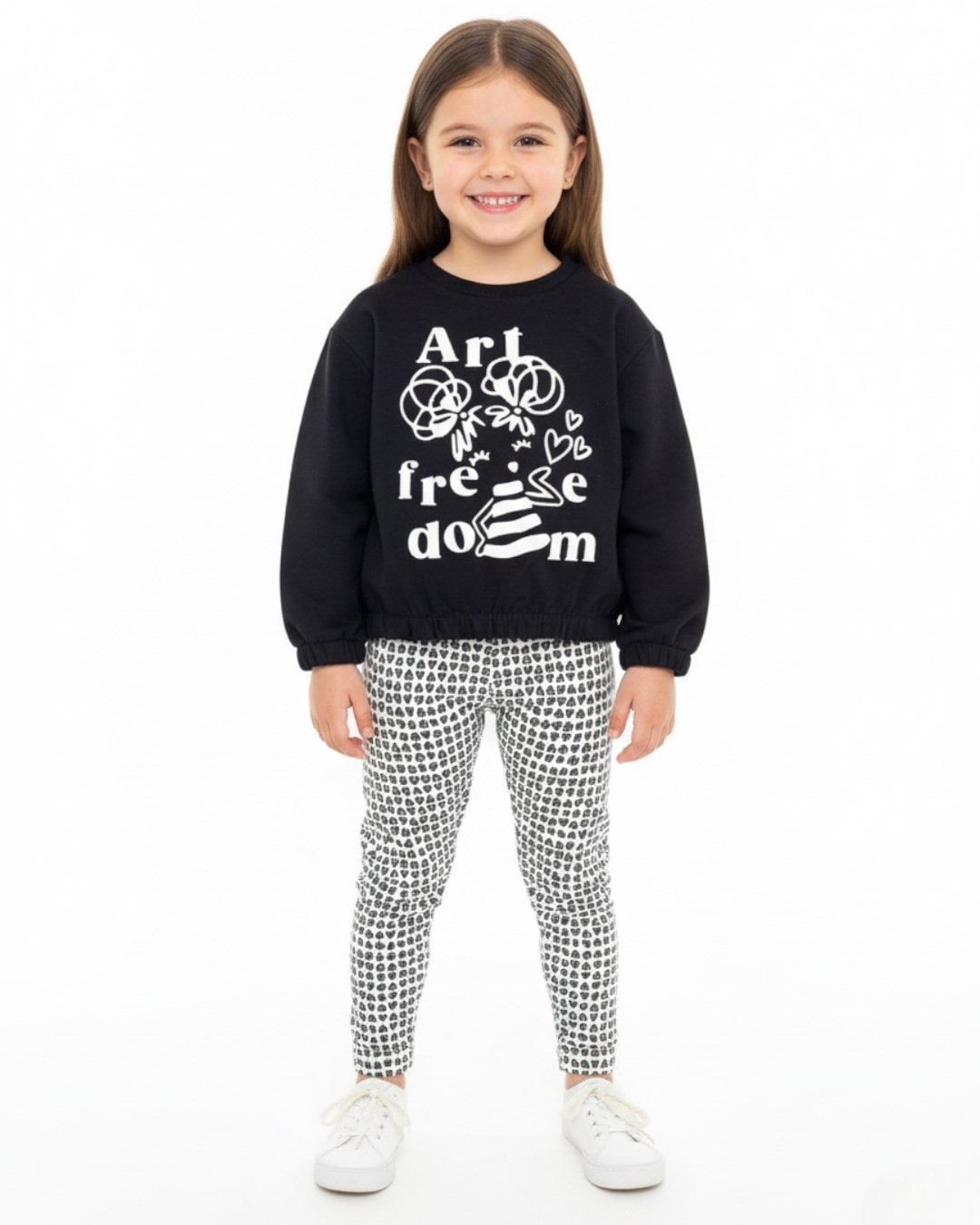 Kız Çocuk Kalp Baskılı Taytlı, Mevsimlik, 2-10 Yaş Sweatshirtlü Alt Üst Taytlı Takım R2318  - SİYAH