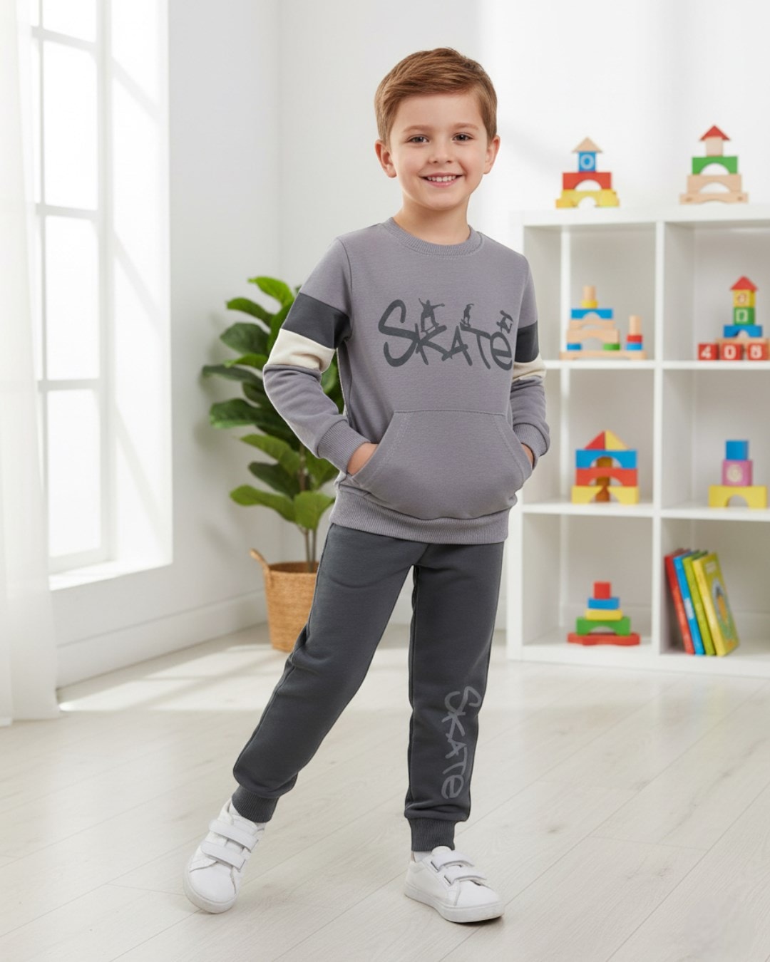 Erkek Çocuk Mevsimlik Skate Baskılı Sweatshirt, 7-10 Yaş Eşofma Takımı R2117 - GRİ