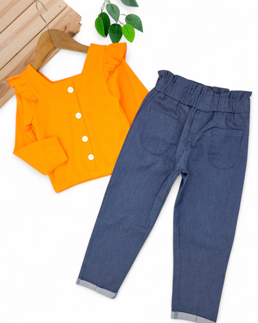 Kız Çocuk 2-3-4-5-6 Yaş Keten Pantalonlu, Fitilli Crop Bluzlu Mevsimlik Alt Üst Takım R981 - TURUNCU