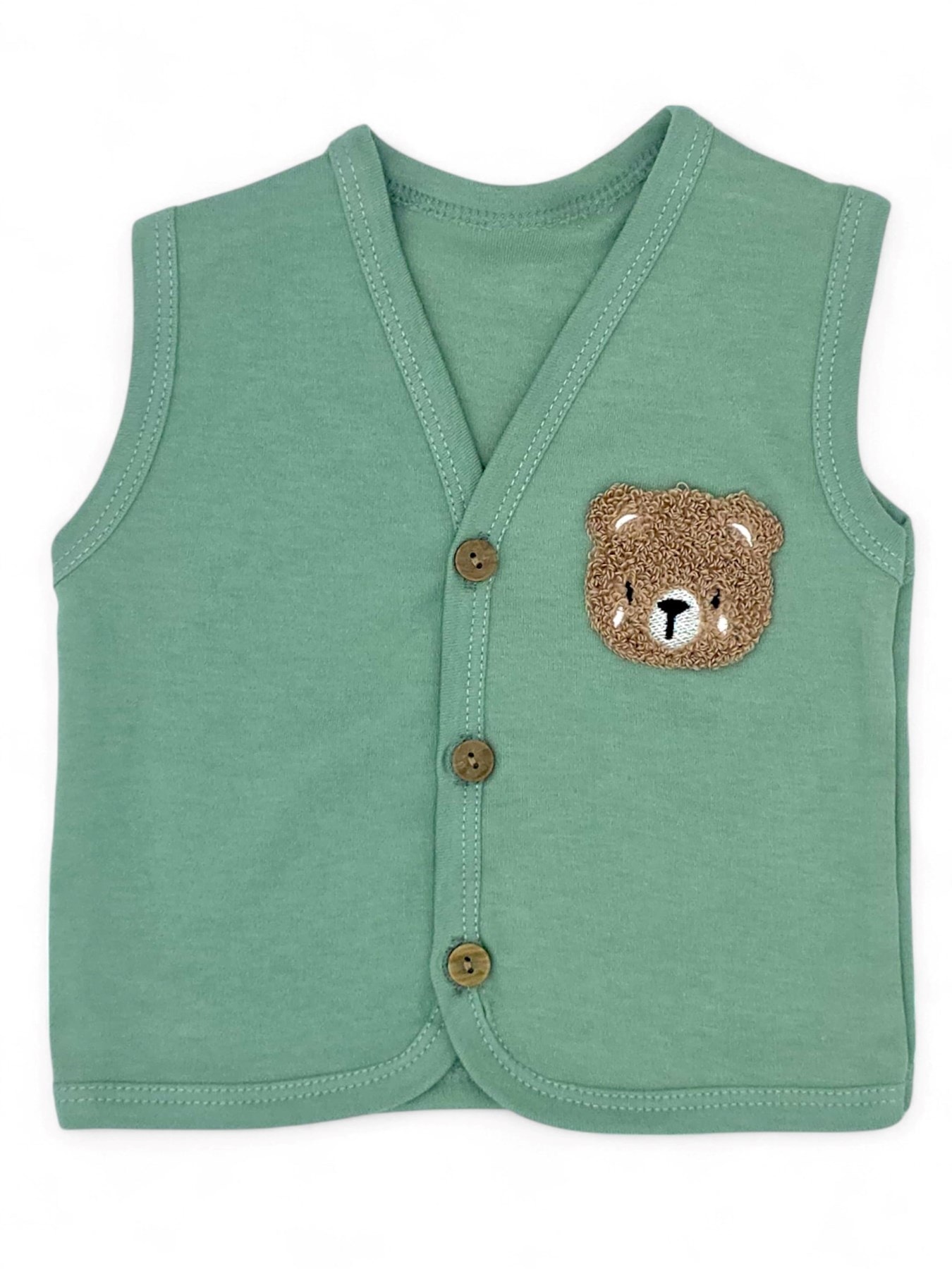 ERKEK BEBEK AYICIK NAKIŞLI DÜĞMELİ MEVSİMLİK PENYE YELEK R1906 - AÇIK YEŞİL