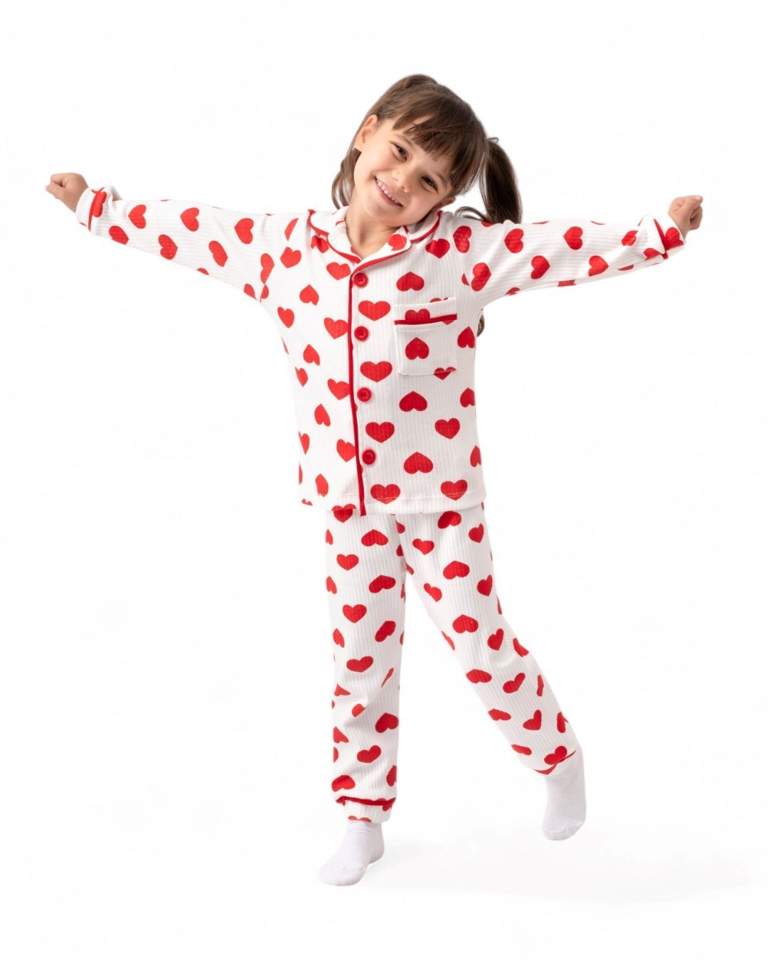 Kız 0-6 Yaş Kalp Baskılı, Kruvaze Yakalı Mevsimlik Düğmeli Gecelik Pijama Takımı R2184