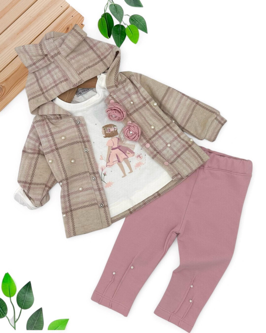 KIZ BEBEK MEVSİMLİK KAPÜŞONLU CEKETLİ 6-9-12-18-24 AY CEKETLİ ŞIK TAKIM R1619 - PUDRA