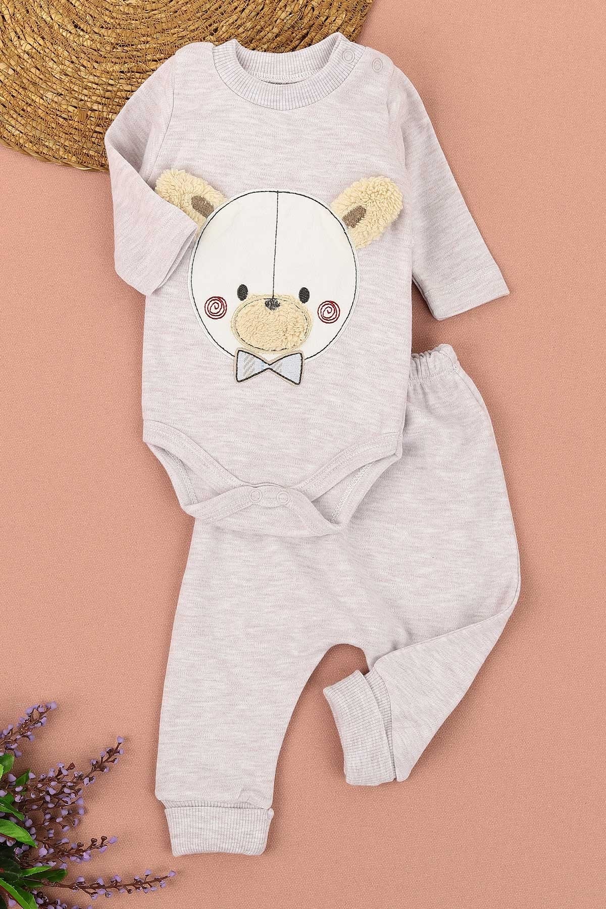 Erkek Bebek Papyonlu Ayıcık Detaylı Tavşan Kulaklı 3 Parça Özel Gün Takımı /Doğum Günü/ Bayramlık R375