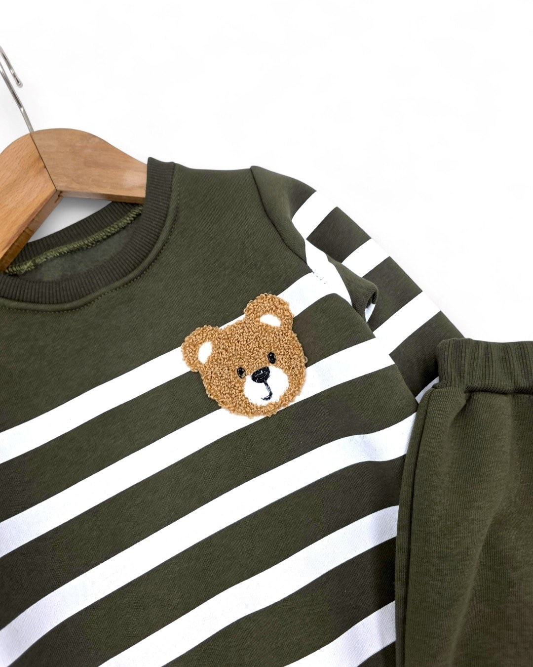 Erkek Bebek Çizgili 1-2-3 Yaş, Ayıcık Nakışlı Kışlık 3 İp Şardonlu Alt Üst Eşofman Takımı R2335