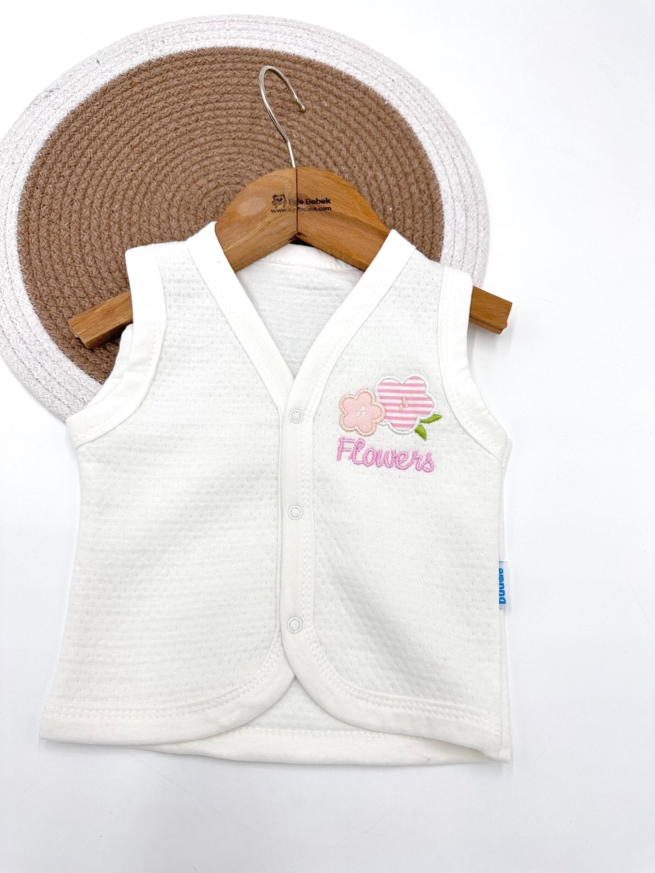 KIZ BEBEK KAPİTONU KUMAŞ ÇİÇEK NAKIŞLI 3-6-9-12-18 AY YELEK R1504 - EKRU