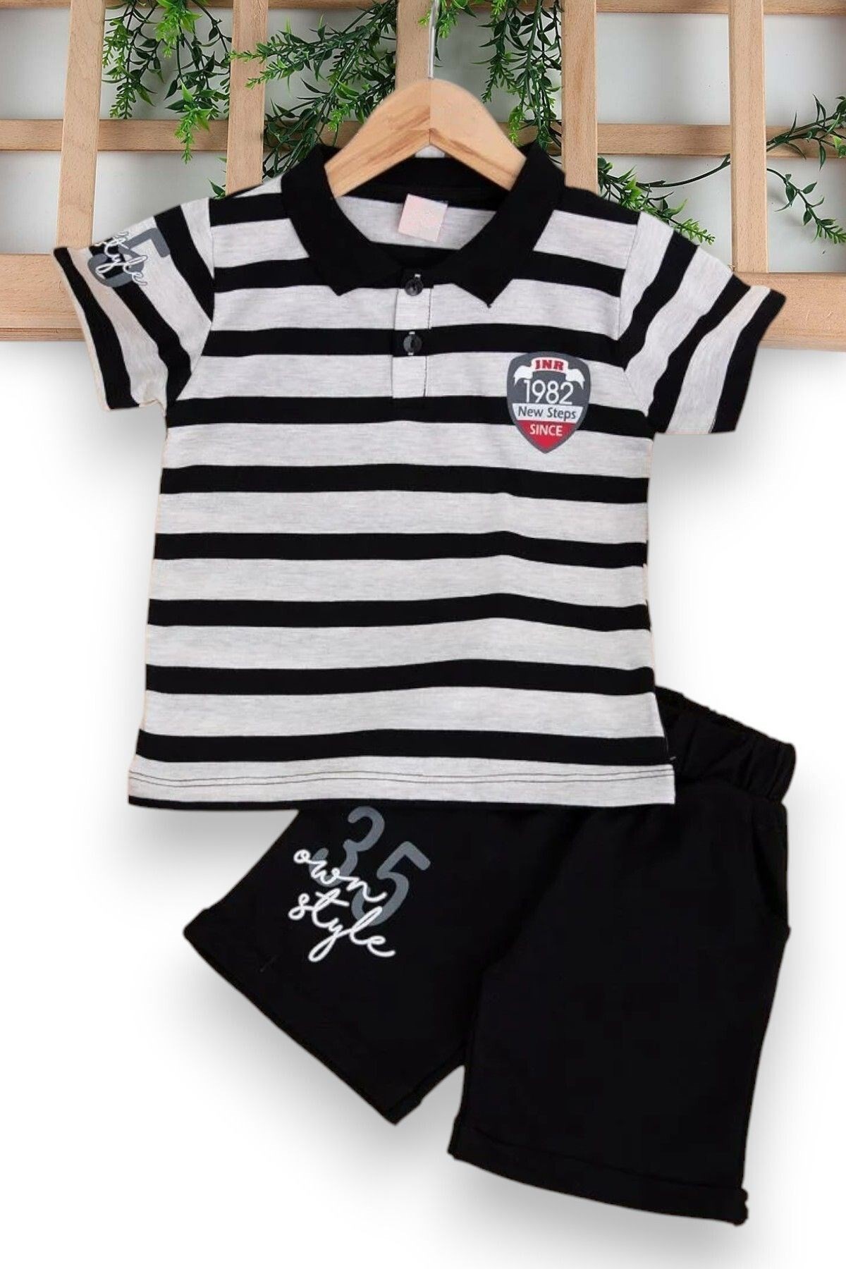 Erkek Çocuk Günlük Çizgili Polo Yakalı Şık T-shirt Ve Şort Alt Üst Takımı R499 - SİYAH