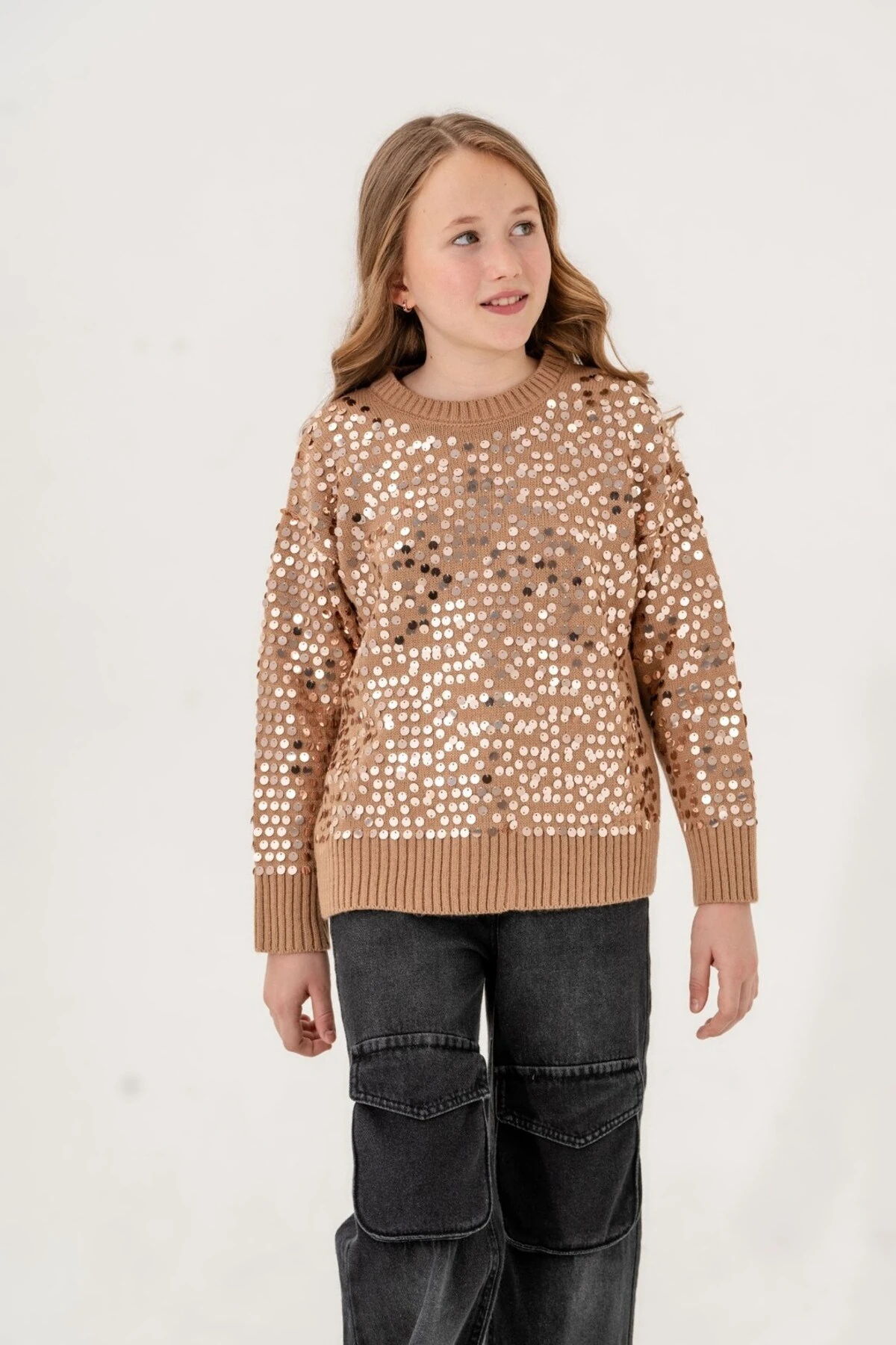 Kız Çocuk 9-15 Yaş Pullu Akrilik Kazak, Pullu Triko Çocuk Kazağı l 9-10-11-12-13-14-15 Yaş Kız Kazak