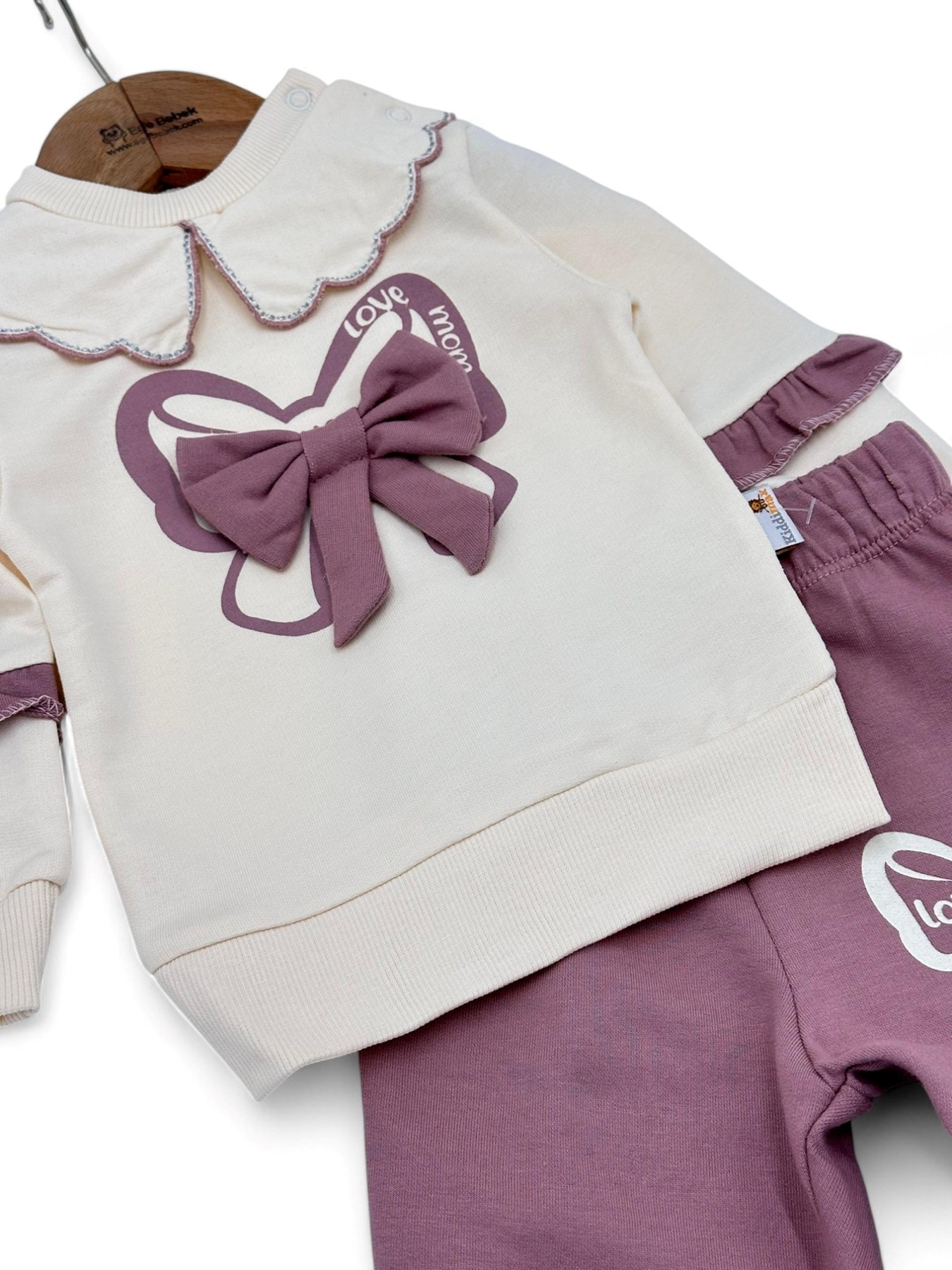 Kız Bebek Fiyonk Aksesuarlı Mevsimlik Dantel Yakalı 6-9-12-18-24 Ay Bebek Takımı R1484