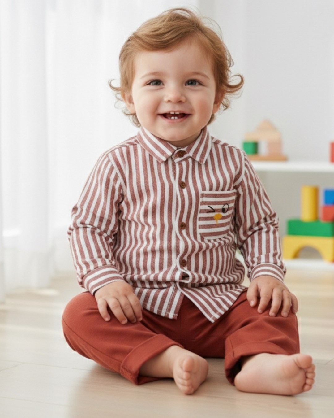 Gömlekli Erkek Bebek Takımı, 6-24 Ay, Uzun Kollu, Nakışlı, Oxford Kumaş, Şık Bebek Takımı R1002 - KİREMİT