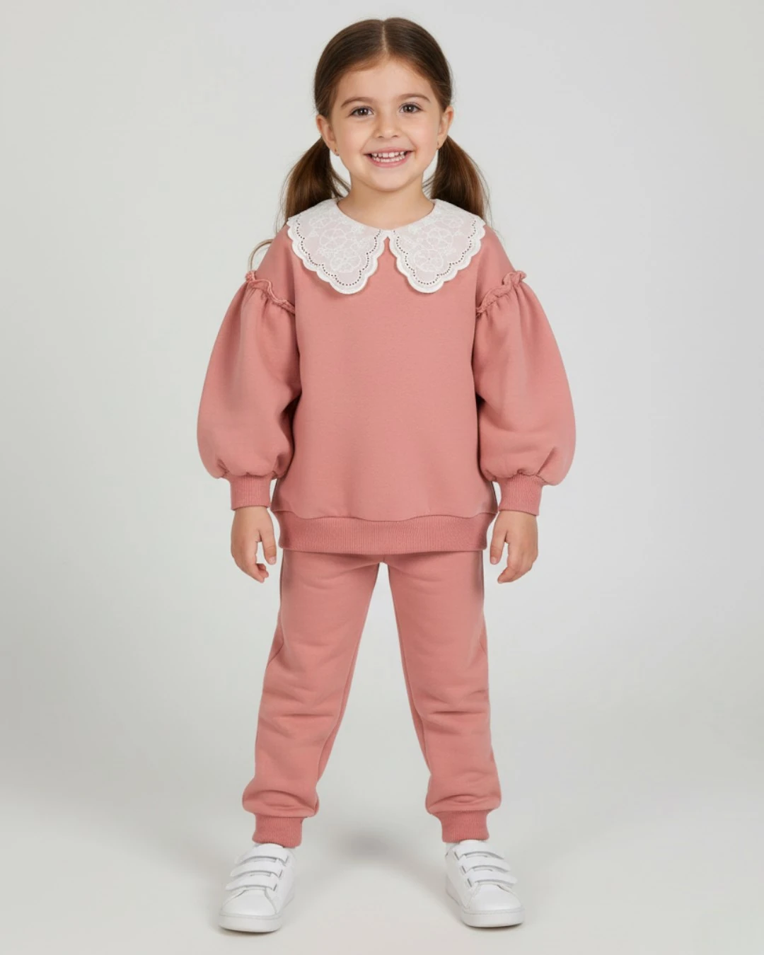 Kız Çocuk Basic Mevsimlik Brode Dantel Yakalı, %100 Pamuklu Kolu Fırfırlı, Şık Eşofman Takımı  R556 - MERCAN