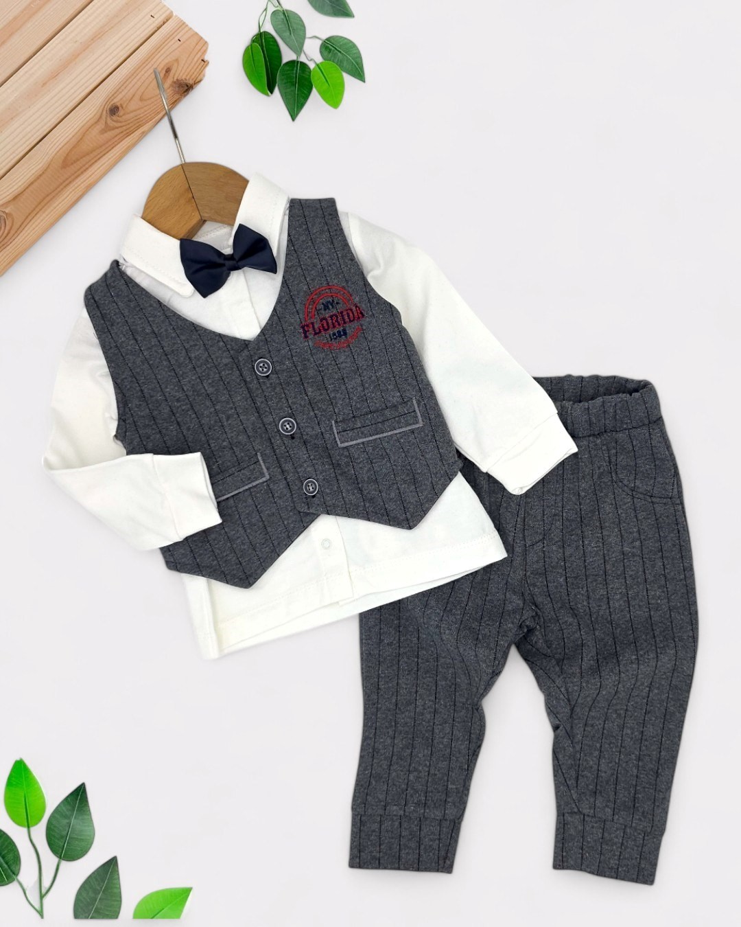 Erkek Bebek 4 Parça Özel Gün Takımı - Yelekli Papyolu Şık Alt Üst Takım 6-24 Ay Mevsimlik R1981 - GRİ