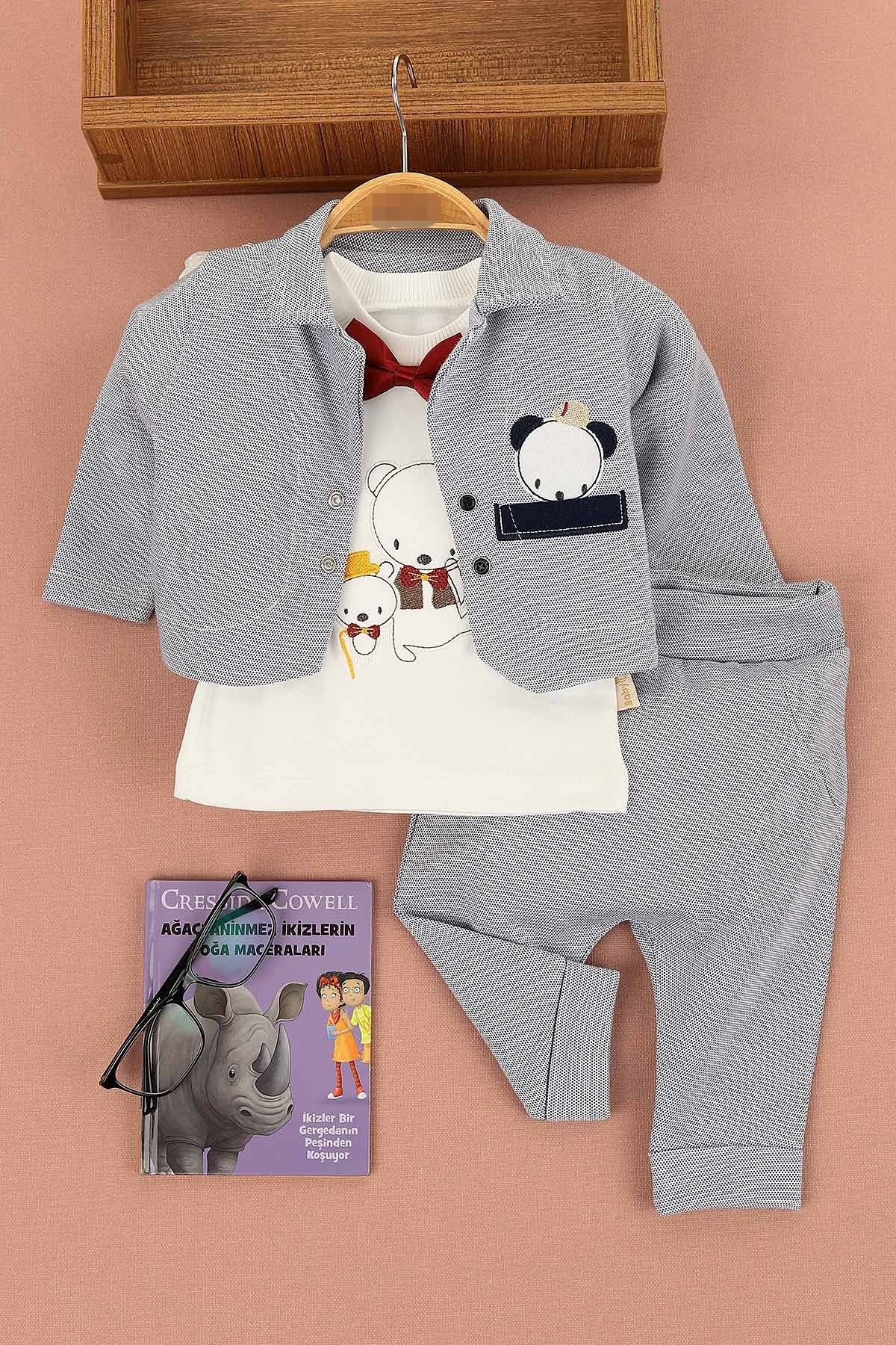 Erkek Yenidoğan  Bebek Papyonlu Yılbaşı Yumuşak Kumaş Alt 3 Parça Üst Takım 0-3 / 3-6 Ay Bayramlık R333