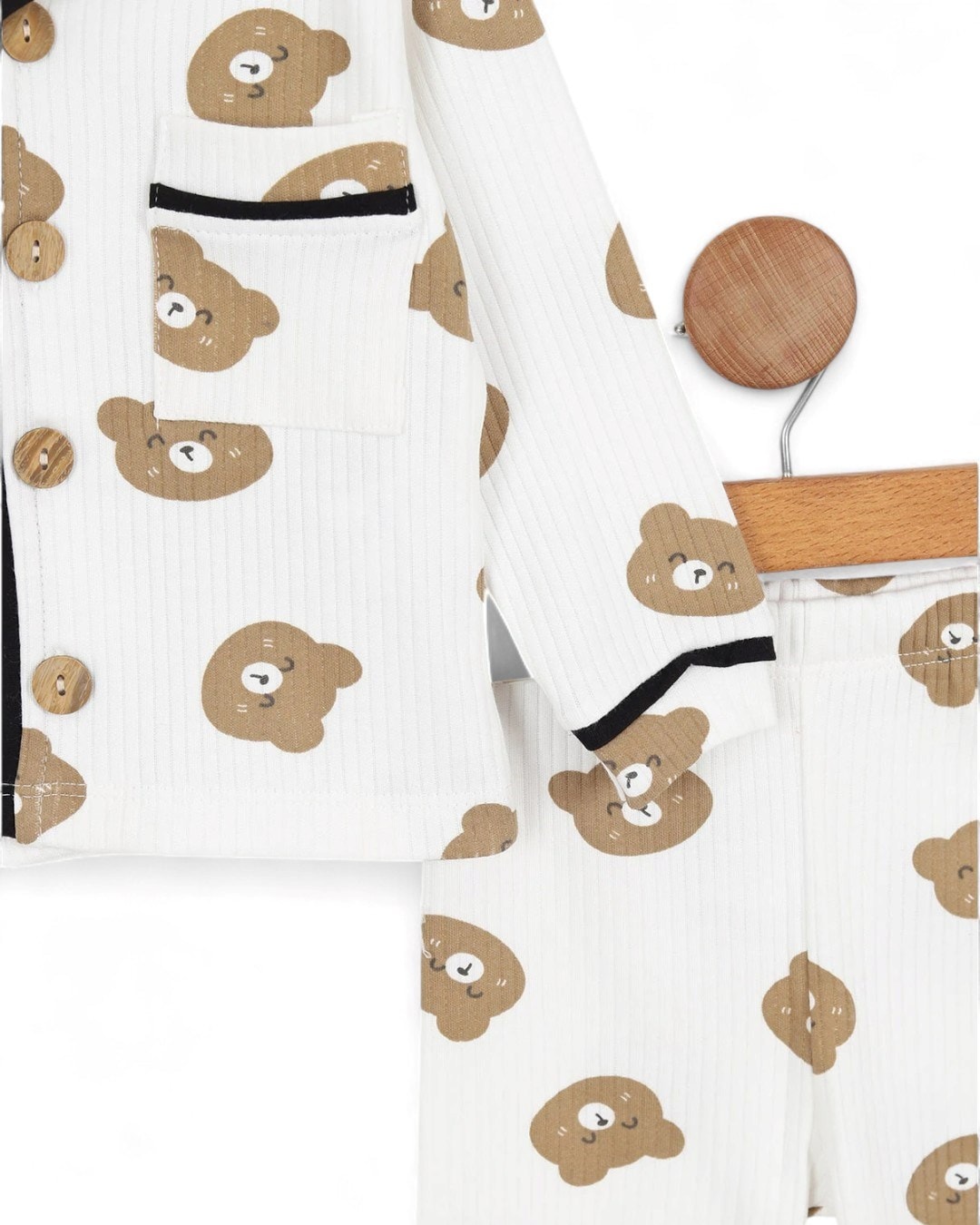 Erkek 0-6 Yaş Ayıcık Baskılı, Kruvaze Yakalı Mevsimlik Düğmeli Gecelik Pijjama Takımı R2183