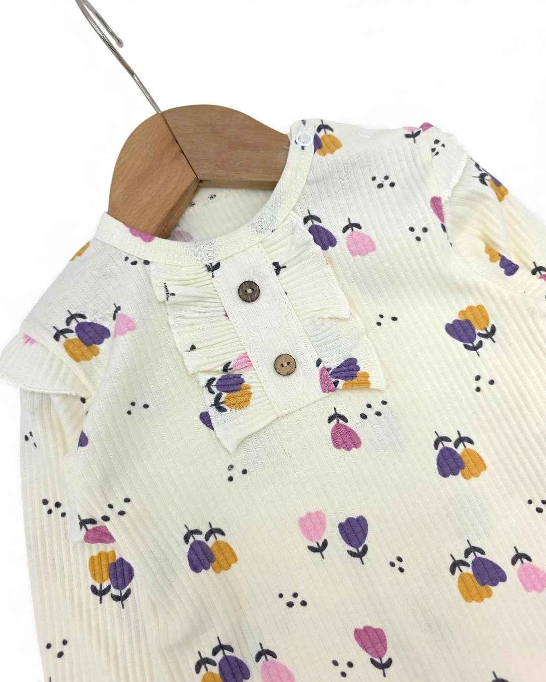 Kız Bebek Lale Baskılı Ribana Kumaş, Fitilli Şık Taytlı Alt Üst Bebek Takımı l 6-24 Ay l Mevsimlik R2381