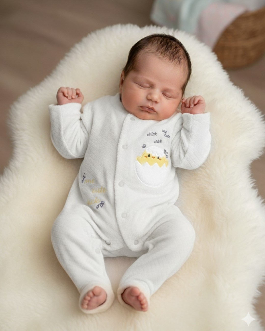 Bebek Kışlık Civciv Desenli %100 Pamuklu 0-1-3-6 Ay Kadife Çıtçıtlı Tulum R2162 - BEYAZ